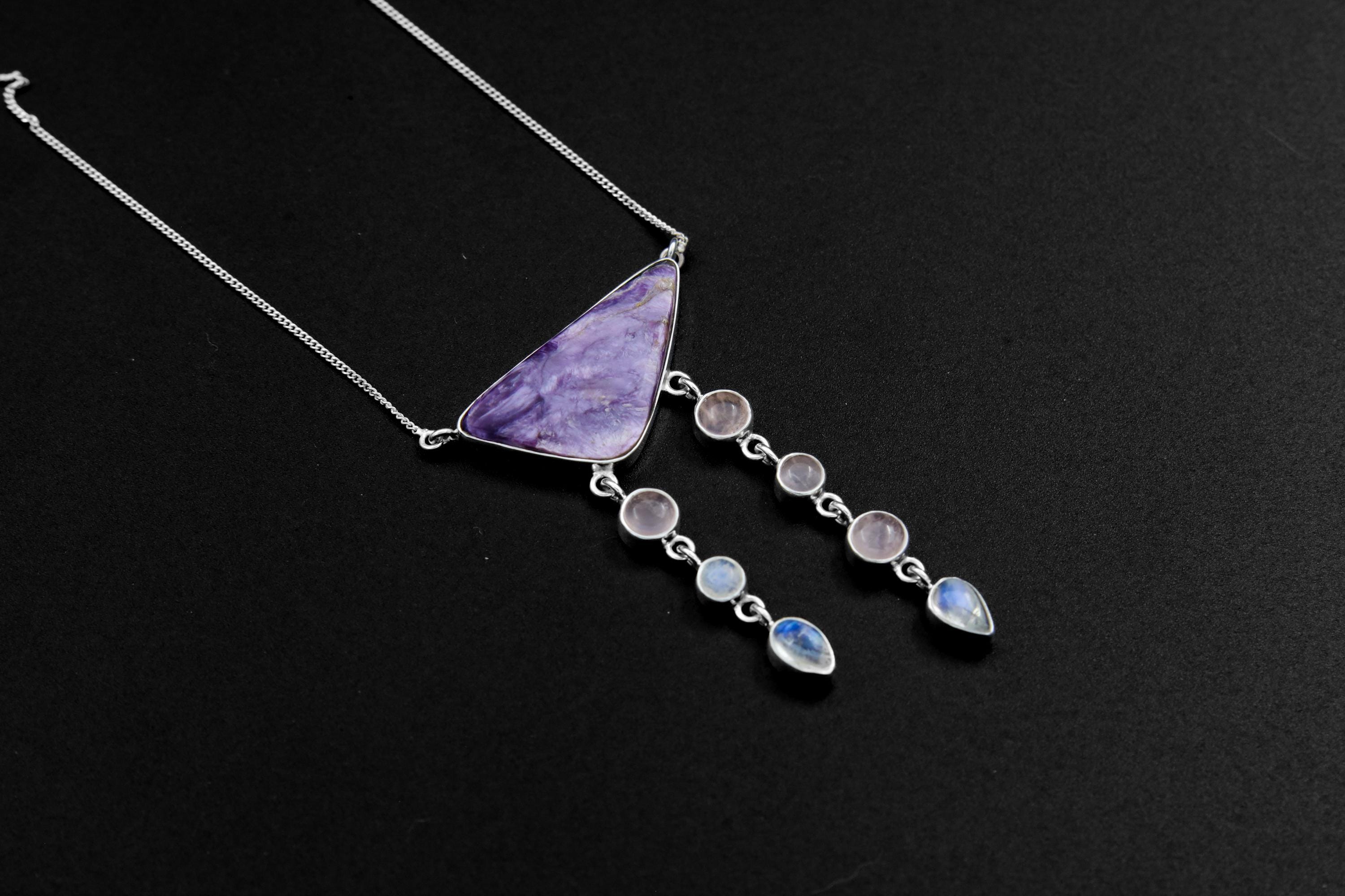 Chlorite Moonstone Rose Quartz Pendant 925 Sterling Silver Dangle Necklace Psychedelic Ocean Talisman