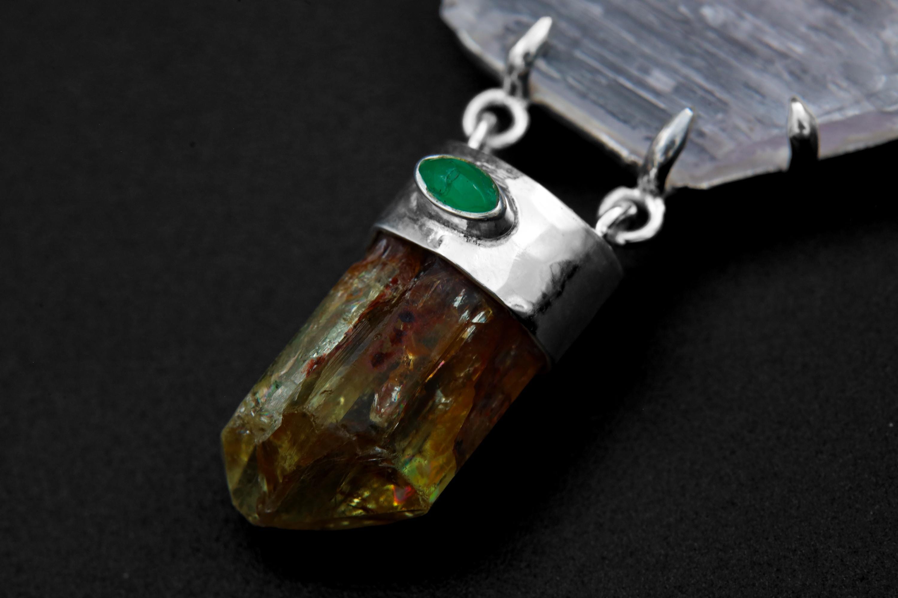 Close-up of capped Yellow Apatite dangle, and Australian Emerald detail in sterling silver.