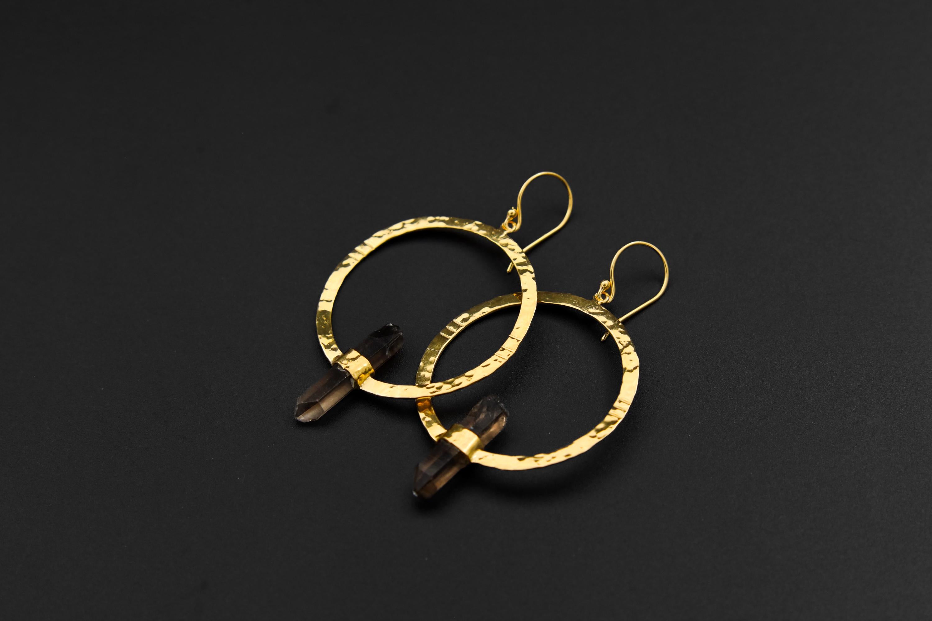 Fossicked Australian Smoky Quartz Point Earrings, Circle Portal Setting, Oxidised & Textured Sterling Silver, Gold-Plated Hook Dangles