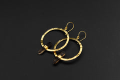 Fossicked Australian Smoky Quartz Point Earrings, Circle Portal Setting, Oxidised & Textured Sterling Silver, Gold-Plated Hook Dangles
