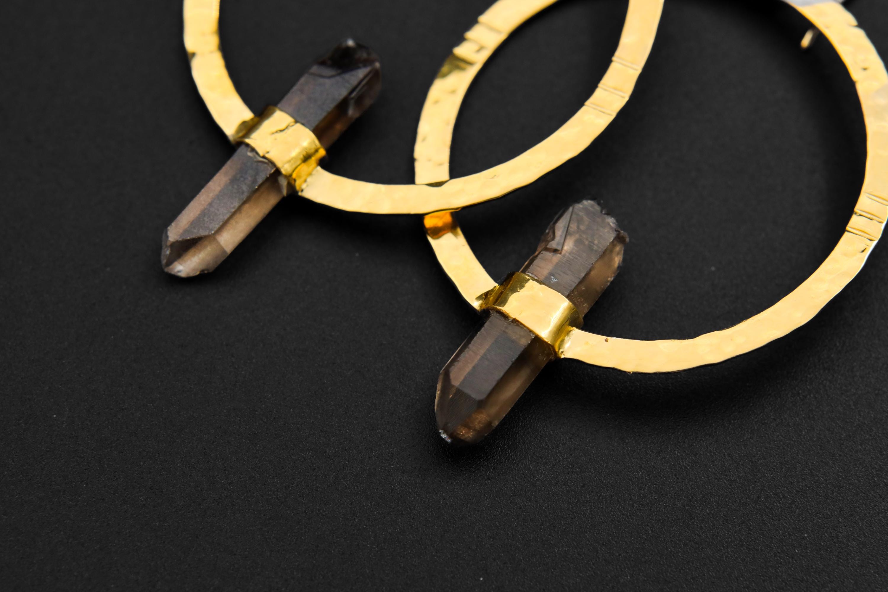 Fossicked Australian Smoky Quartz Point Earrings, Circle Portal Setting, Oxidised & Textured Sterling Silver, Gold-Plated Hook Dangles