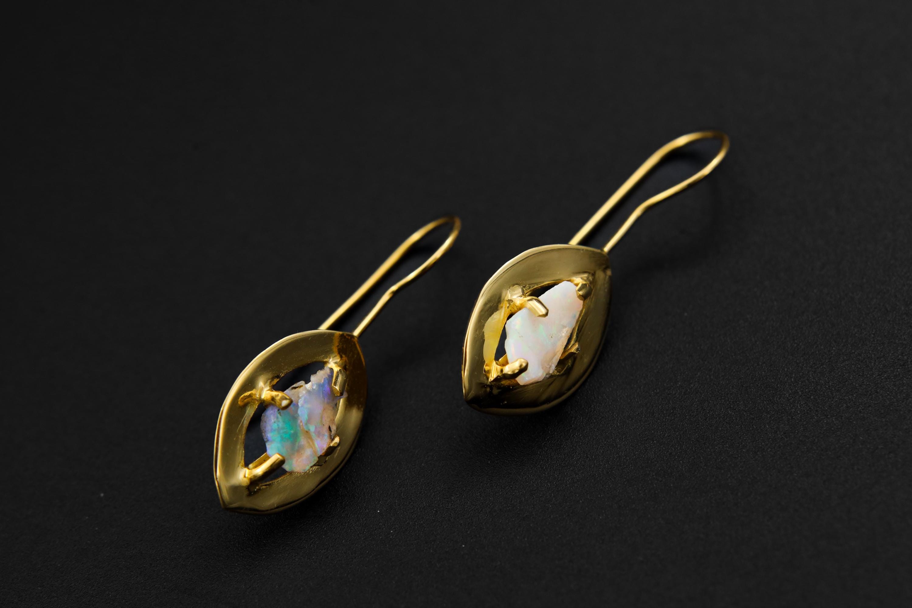 Solid Precious Australian White Lightning Ridge Opal Chip Halo Earrings, 8-Claw Gold Plated, Crown Chakra, Pisces Zodiac, Unique Gift