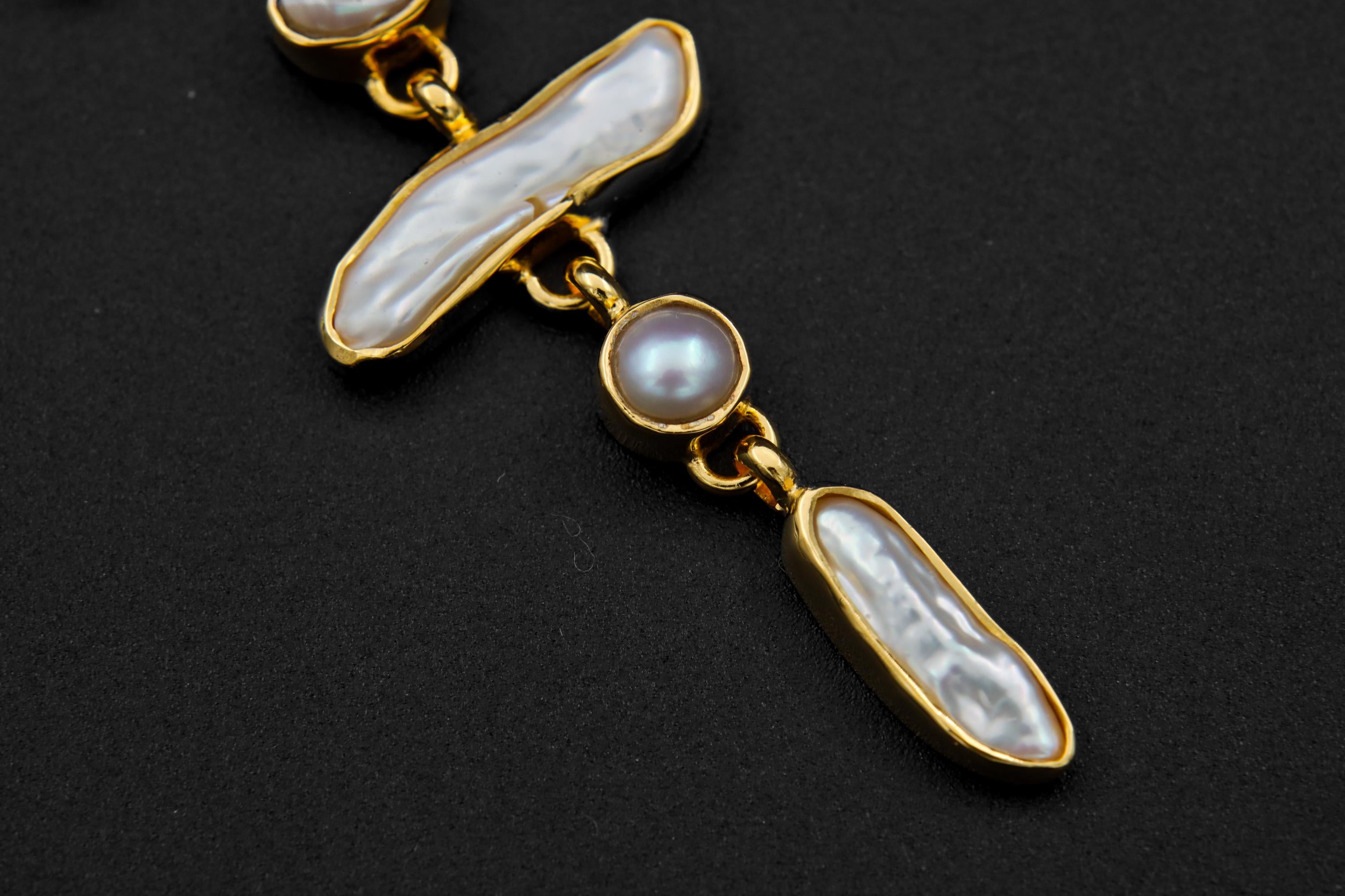 Blue Moonstone and Baroque Pearl Cascade Pendant, 18K Gold-Plated Sterling Silver, Crown & Heart Chakra, Cancer Zodiac, Unique Gift