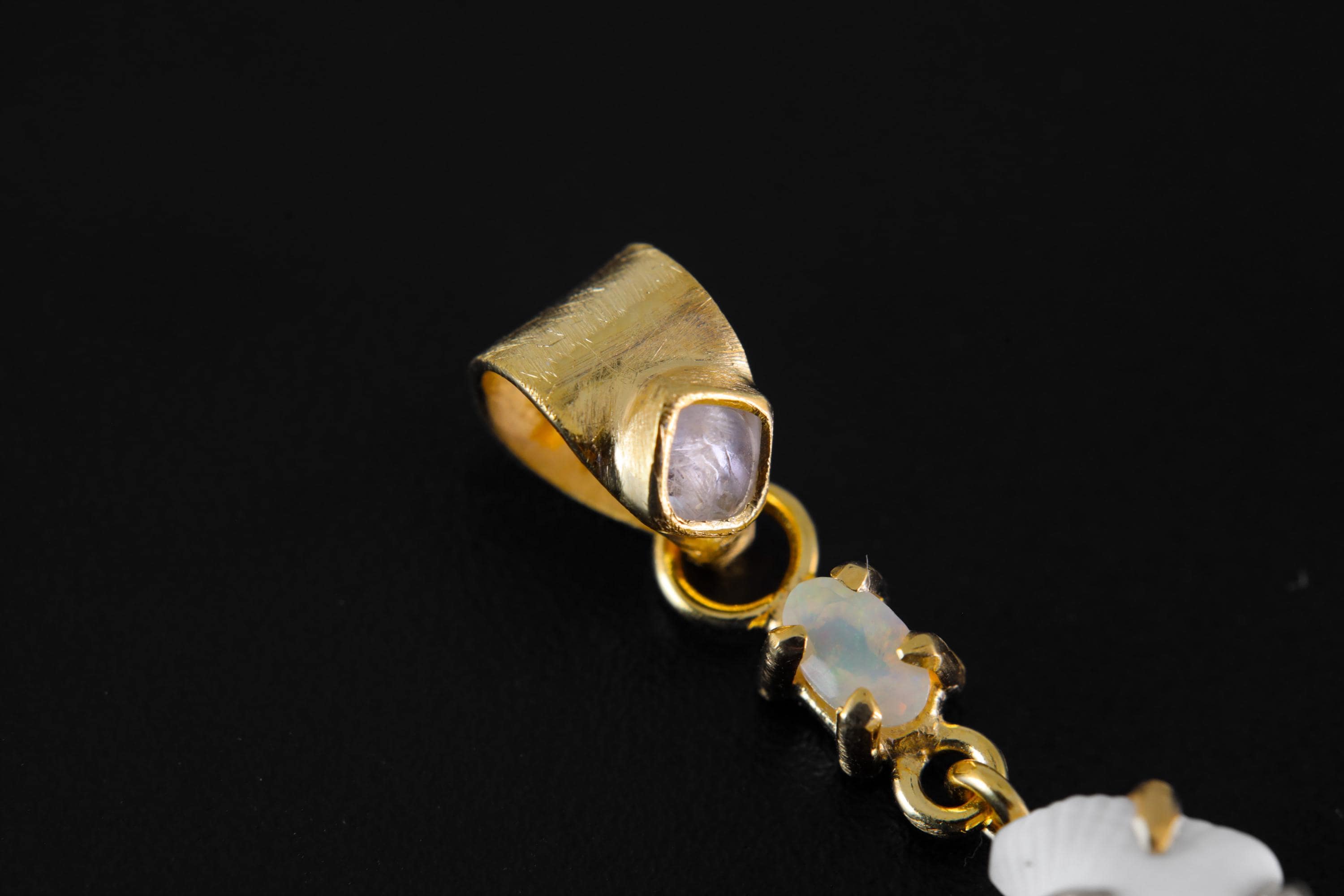 Crowned Square Blue Moonstone Pendant with Rainbow Ethiopian Opal & Semi-Fossilized Shell, 18K Gold-Plated Sterling Silver, Unique Gift