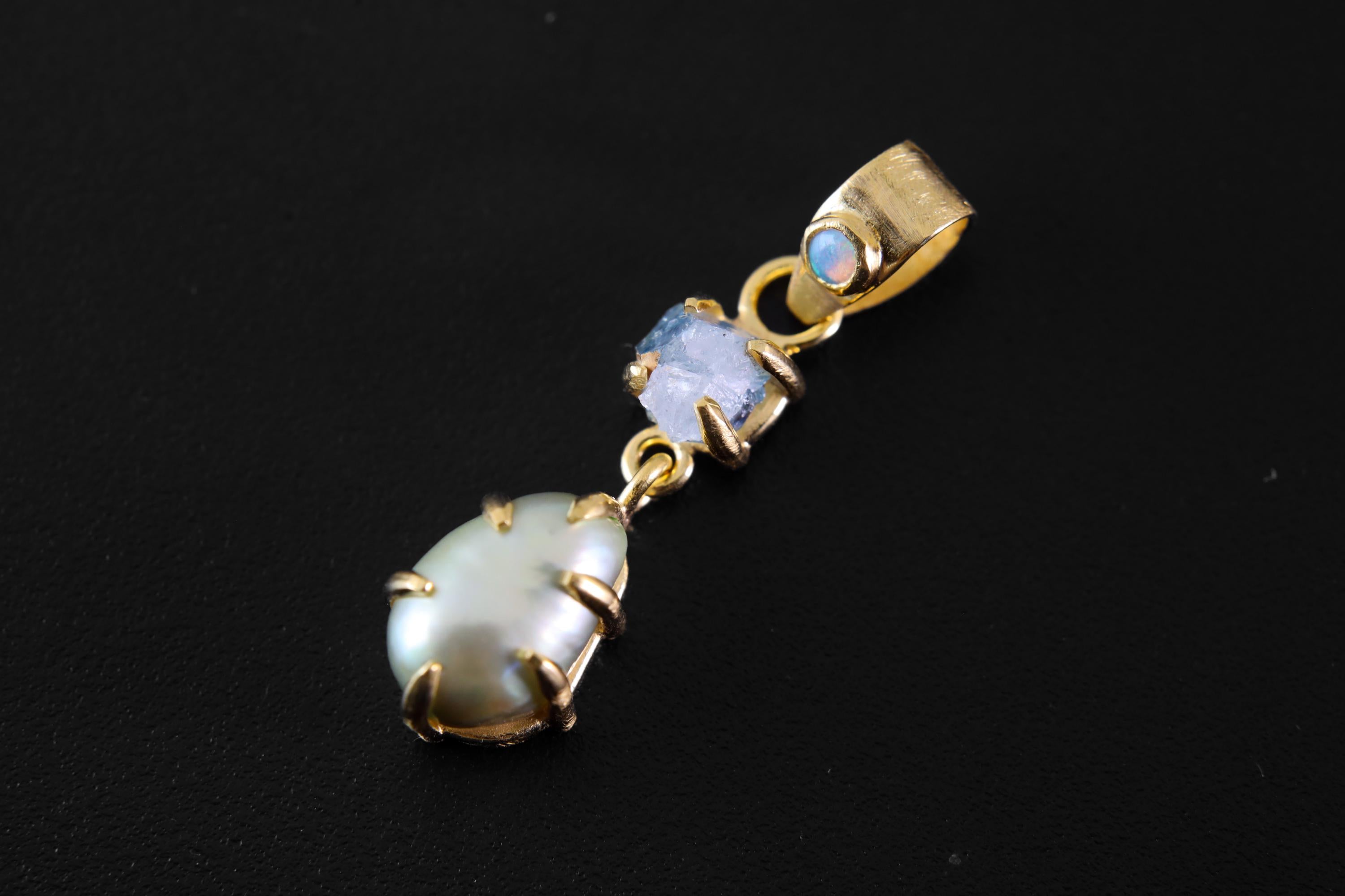 Small Solid Lightning Ridge Opal Pendant with Aqua Aura Quartz & Green Pearl, 18K Gold-Plated Sterling Silver, Pisces Zodiac, Unique Gift