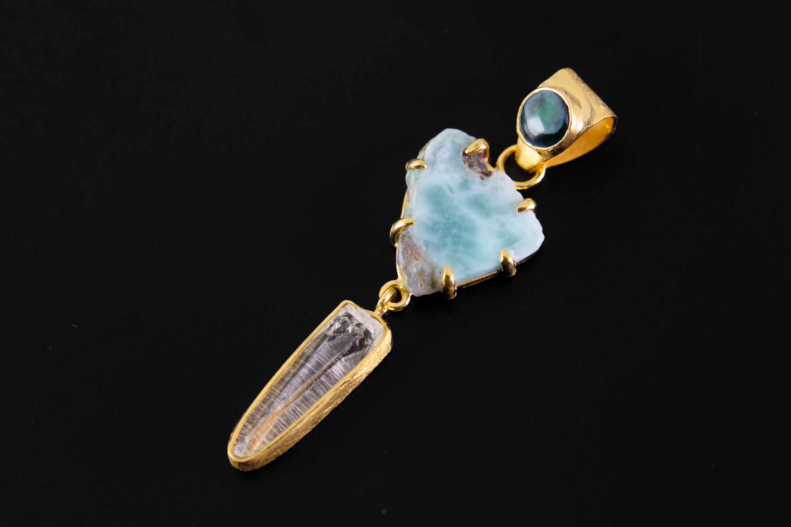 Larimar Slice Pendant with Lemurian Vera Cruz Amethyst, brushed 18K Gold-Plated Sterling Silver, Throat Chakra Charm, Unique Gift