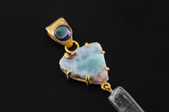 Larimar Slice Pendant with Lemurian Vera Cruz Amethyst, brushed 18K Gold-Plated Sterling Silver, Throat Chakra Charm, Unique Gift