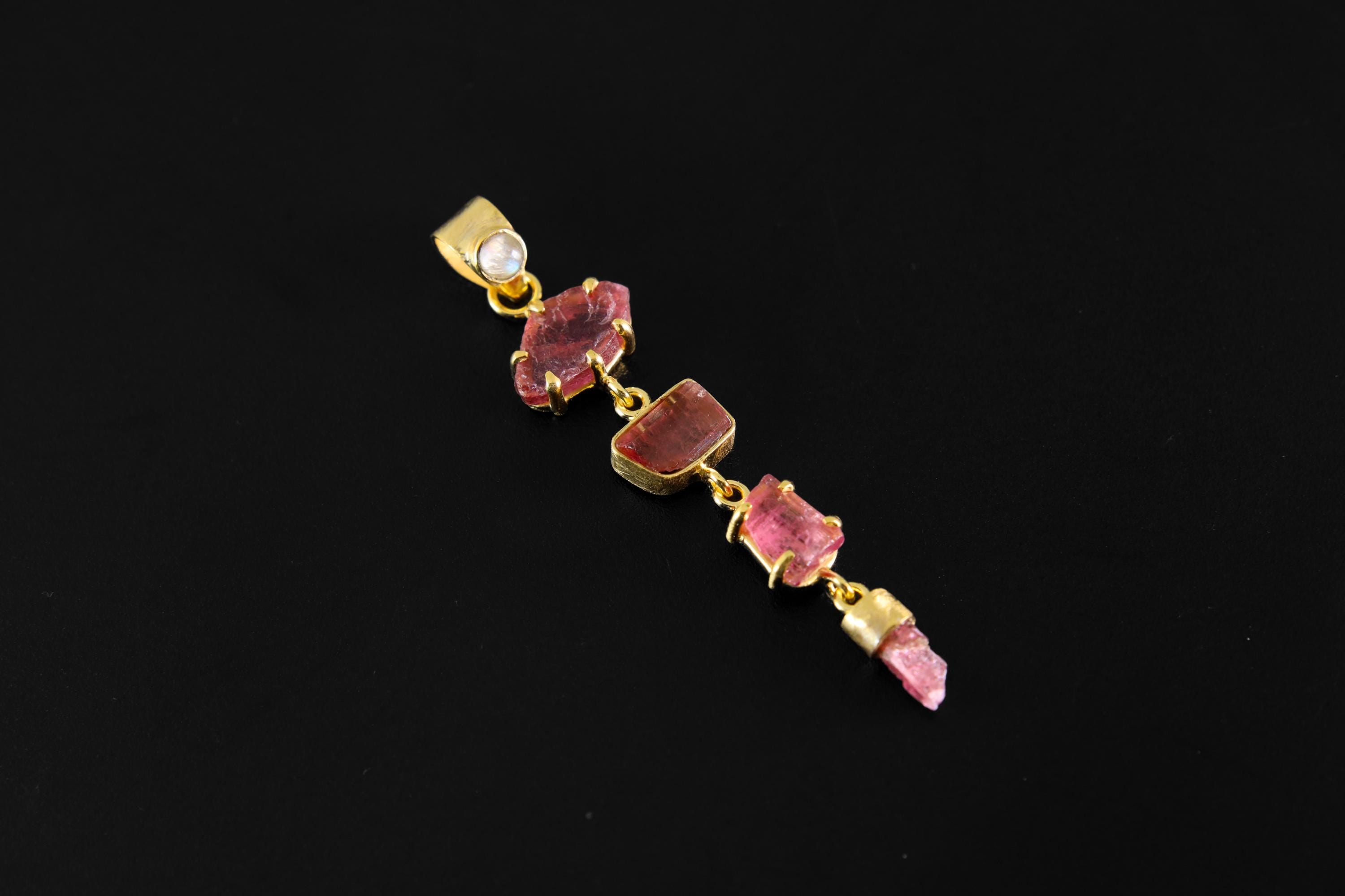 Crowned Blue Moonstone & All-Pink Tourmaline Wonder Pendant, 18K Gold-Plated Sterling Silver, Libra and Cancer Zodiac, Unique Gift