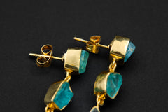 Unique Blue Apatite Raw Gem Studs, Sterling Silver Drop Earrings with Gold Plating, 3 Dangling Teardrop Crystals, Throat Chakra, Unique Gift