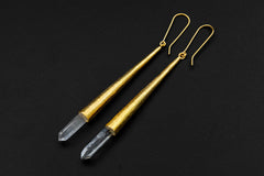 Sterling Silver Gold Plated Earrings with Lemurian Quartz Point Silver Spire Cones - High Shine Polish Sand Textured Finish - Unique Gift