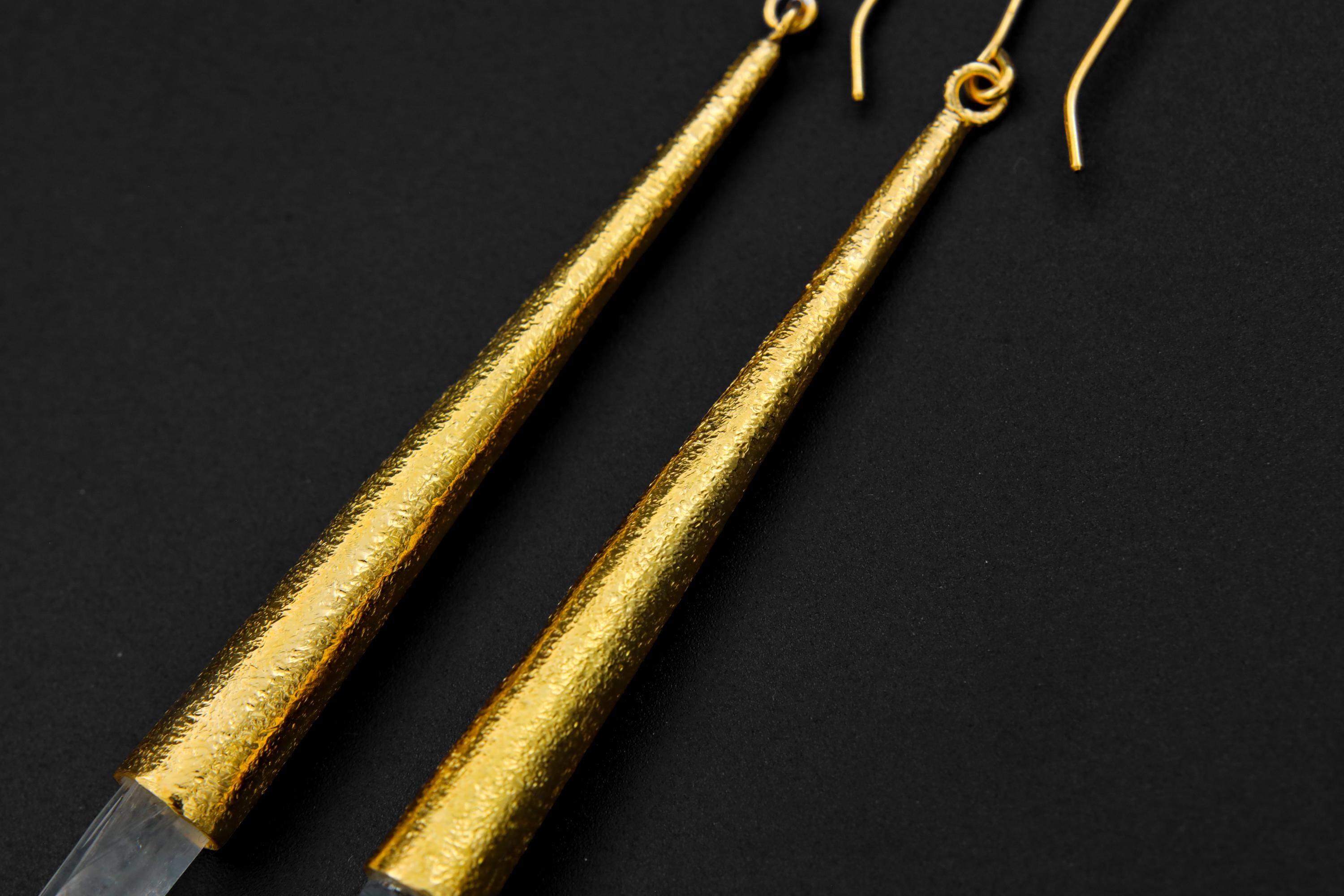 Sterling Silver Gold Plated Earrings with Lemurian Quartz Point Silver Spire Cones - High Shine Polish Sand Textured Finish - Unique Gift