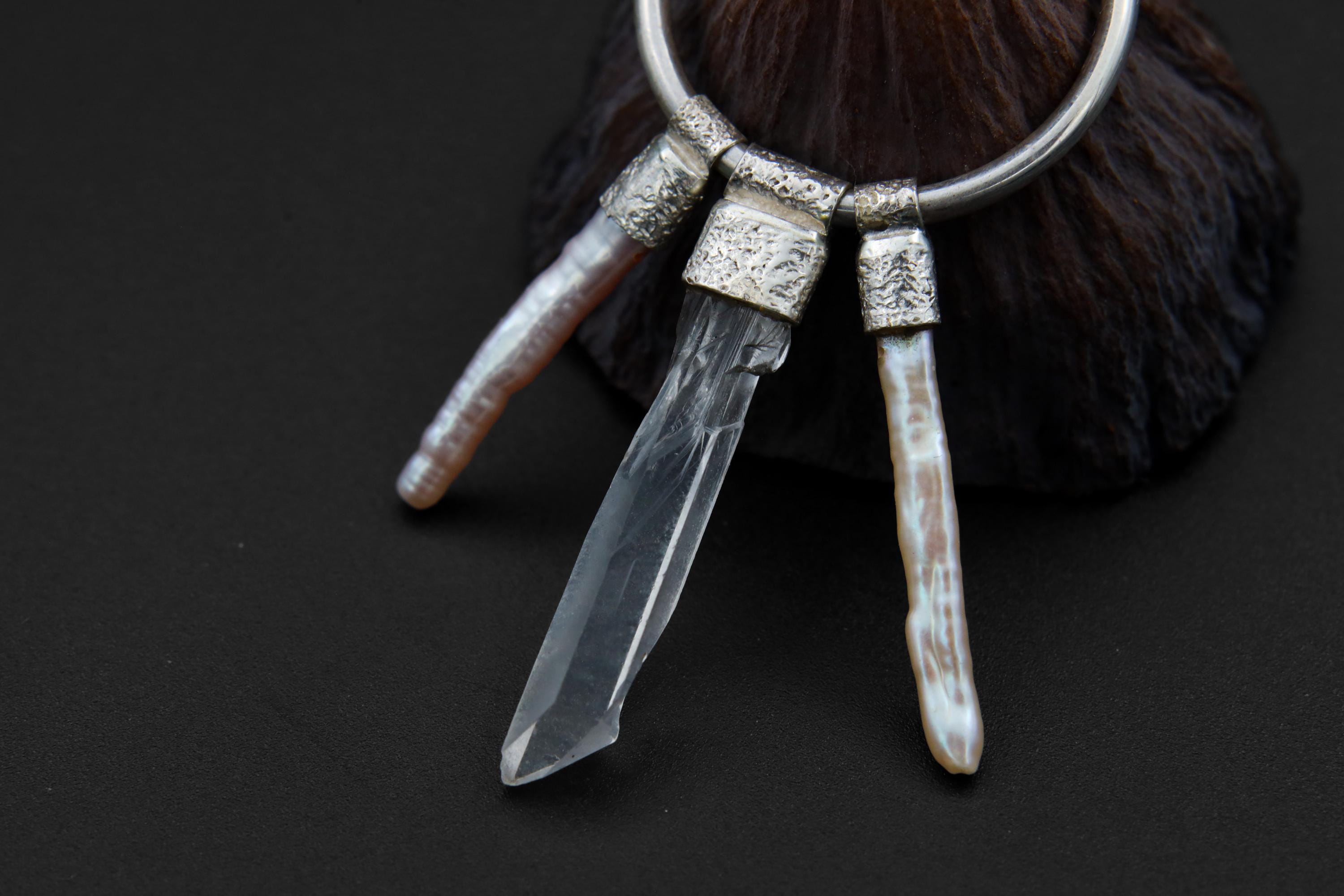 Clear Quartz & White Pearl Stack Pendant Earrings, Hoop Circle Design, Sterling Silver, Heart Chakra, Multifunctional Jewelry, Unique Gift