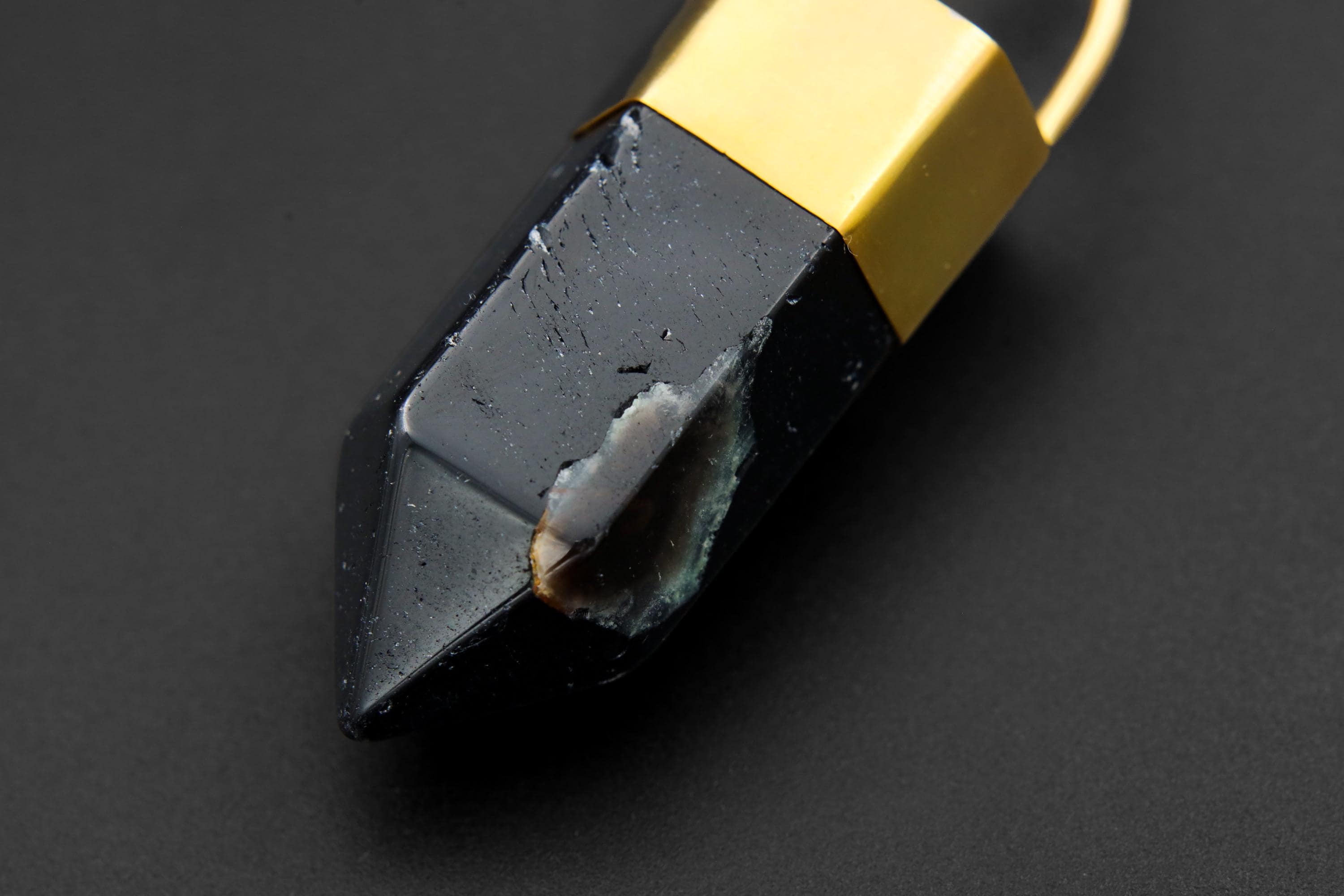 Large Smoky Quartz Point Pendant, High-Grade Dark Crystal with Thick Bronze Cap, 18K Gold-Plated, 7.5cm Statement Piece, Unique Gift NO/03