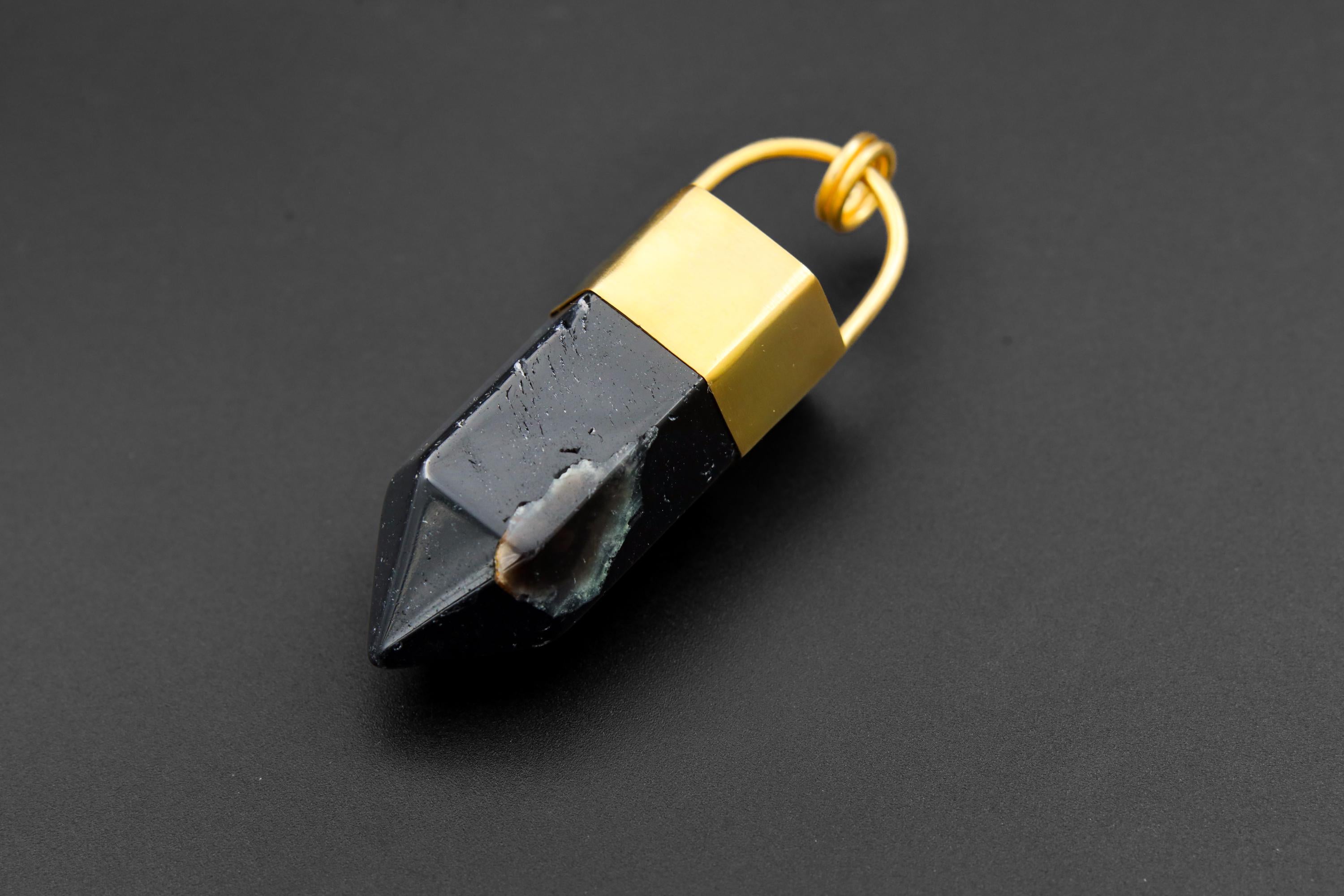 Large Smoky Quartz Point Pendant, High-Grade Dark Crystal with Thick Bronze Cap, 18K Gold-Plated, 7.5cm Statement Piece, Unique Gift NO/03