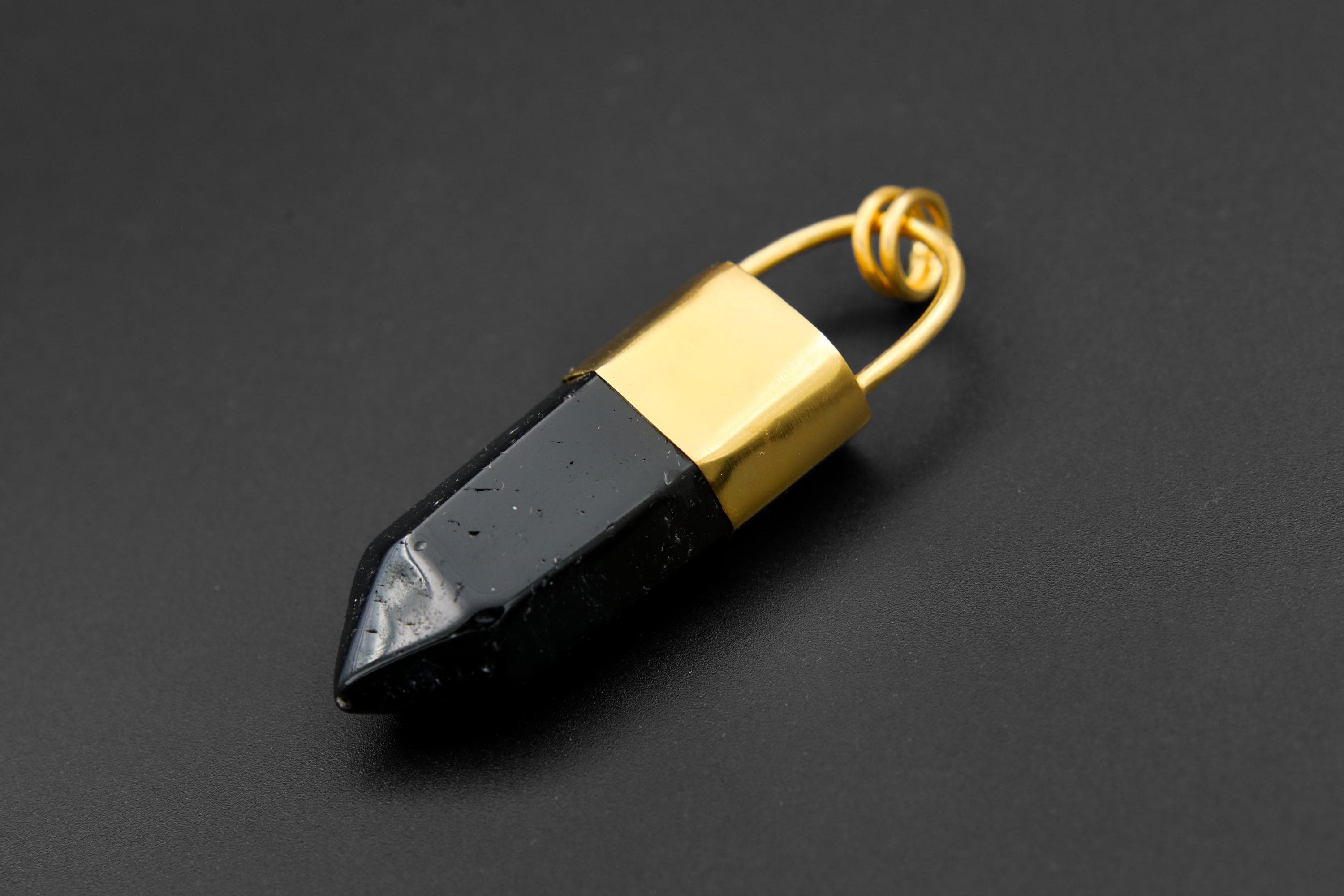 Smoky Quartz Point Pendant: 18K Gold Plated Bronze Cap, 7cm Crystal Statement Piece