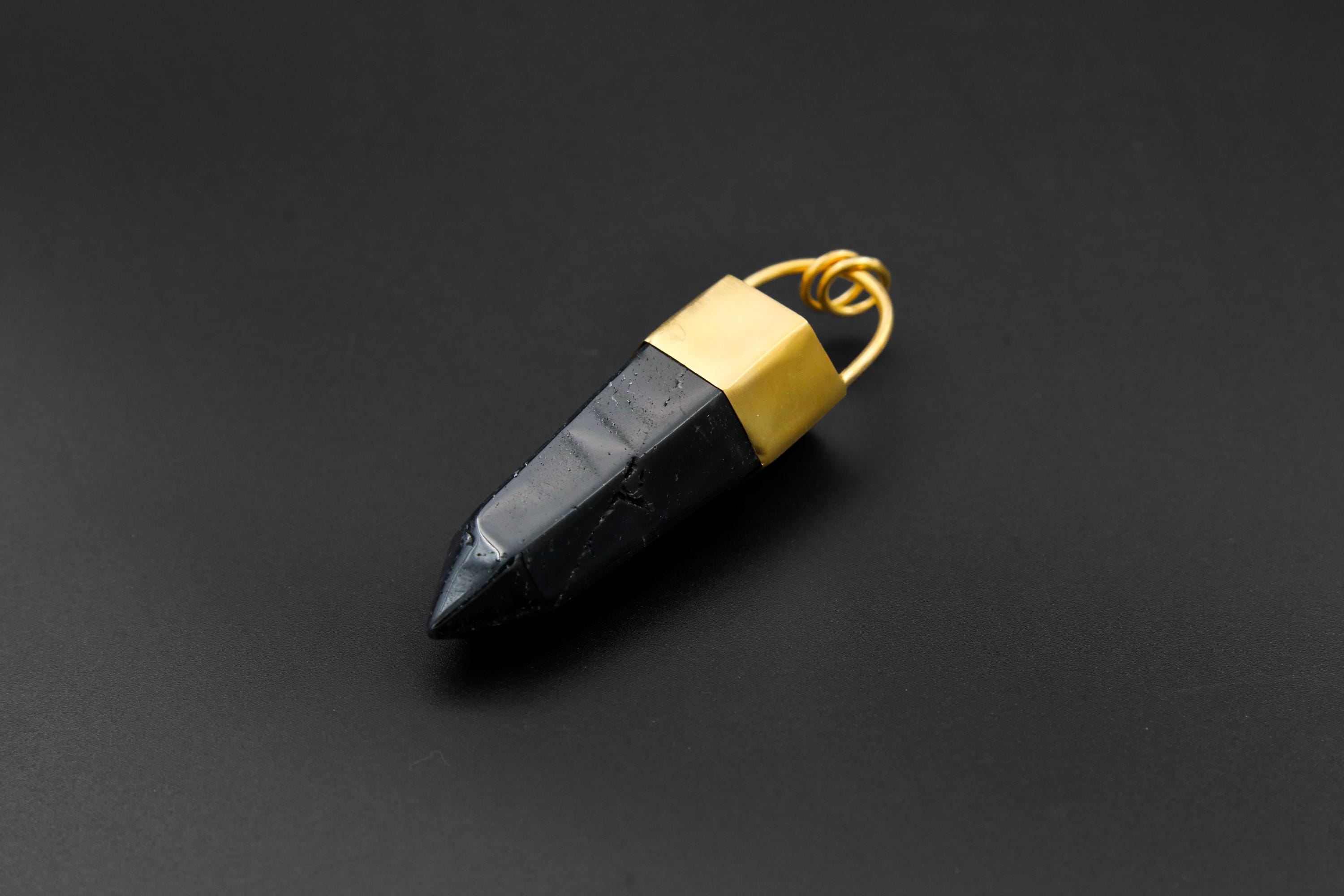 Large Smoky Quartz Point Pendant, High-Grade Dark Crystal with Thick Bronze Cap, 18K Gold-Plated, 8.5 cm Statement Piece, Unique Gift NO/09