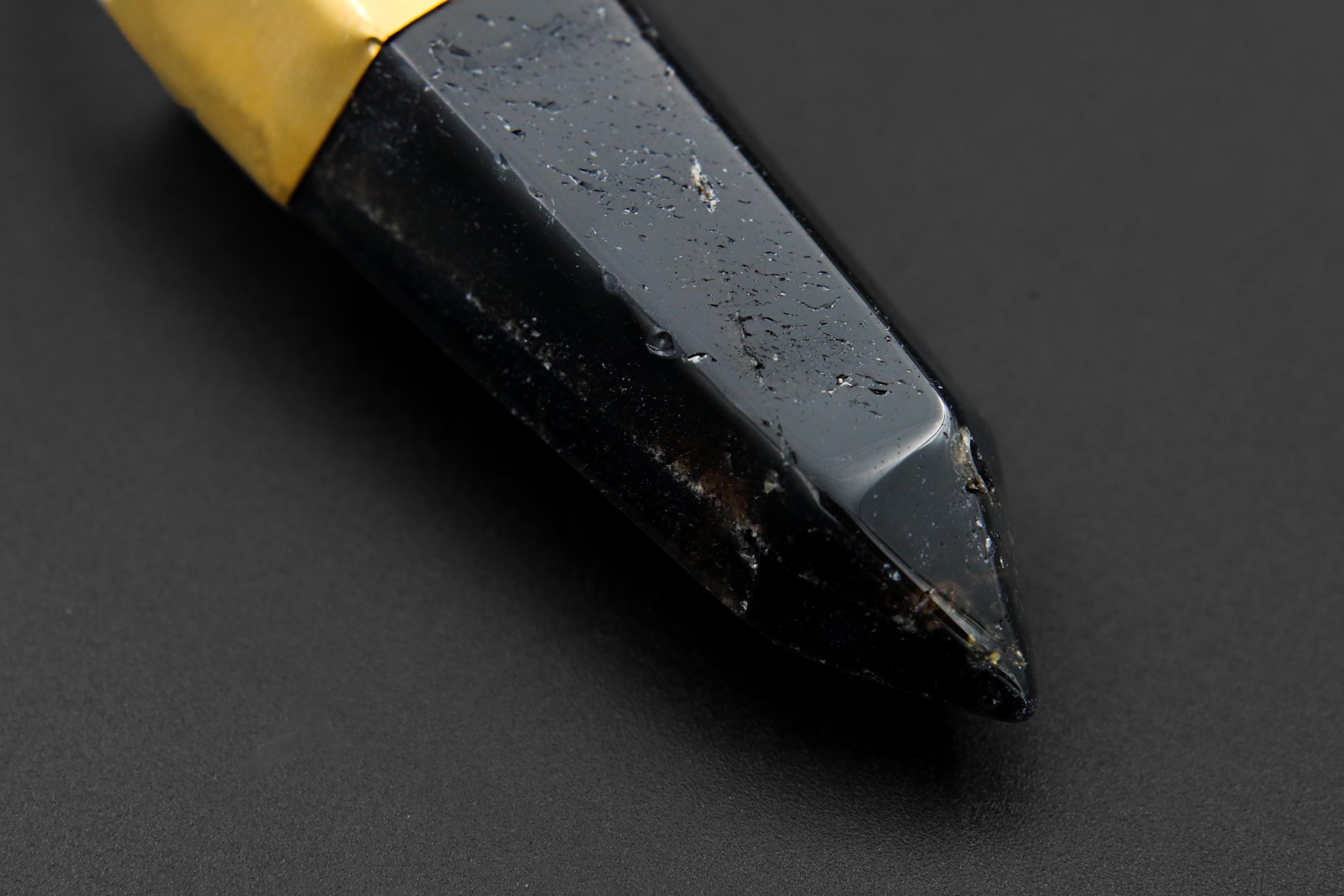Large Smoky Quartz Point Pendant, High-Grade Dark Crystal with Thick Bronze Cap, 18K Gold-Plated, 8.5 cm Statement Piece, Unique Gift NO/09