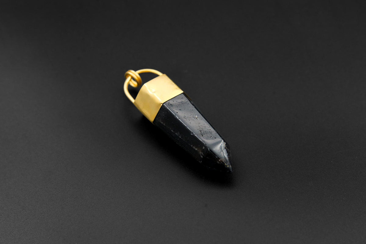 Large Smoky Quartz Point Pendant, High-Grade Dark Crystal with Thick Bronze Cap, 18K Gold-Plated, 8.5 cm Statement Piece, Unique Gift NO/09