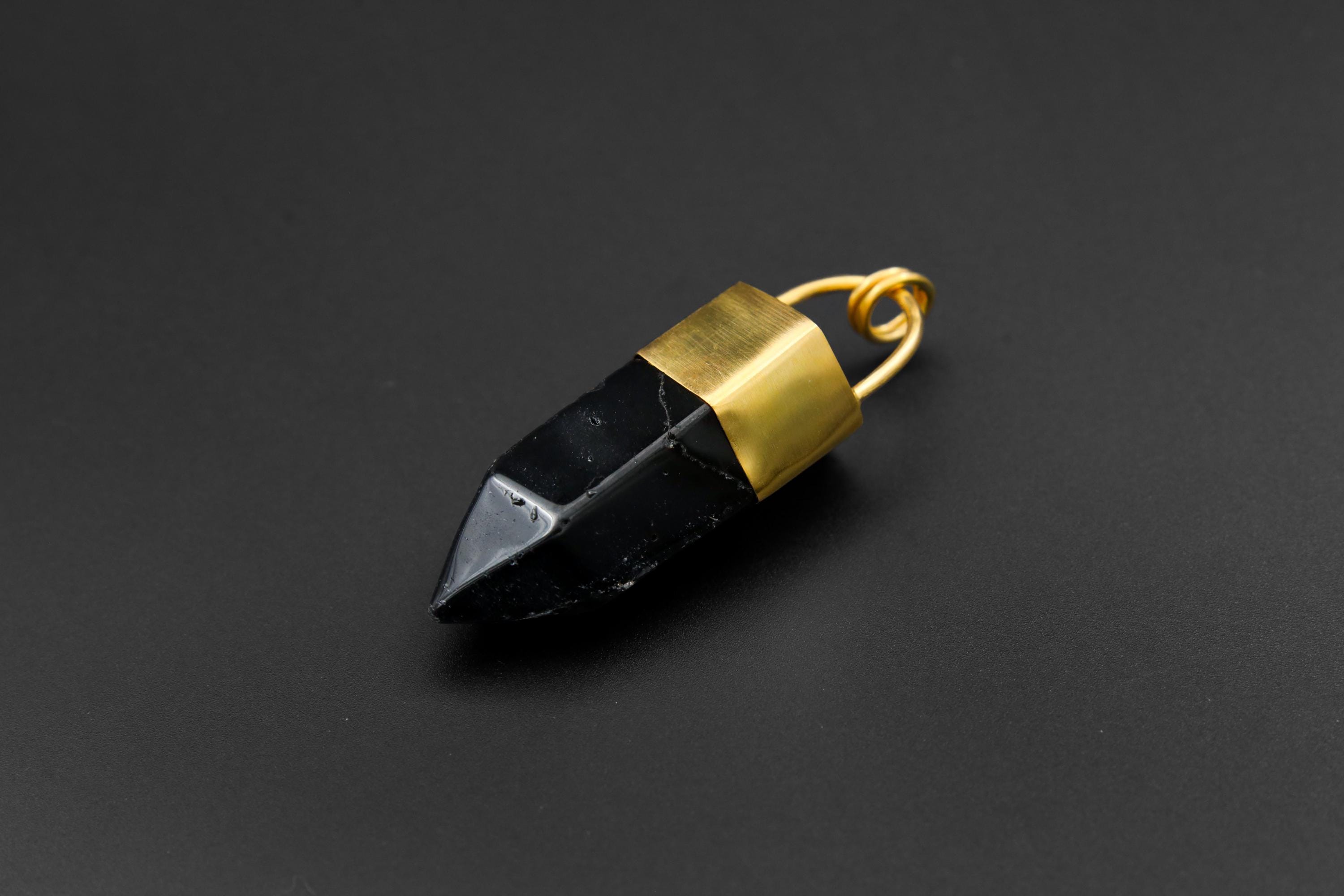 Large Smoky Quartz Point Pendant, High-Grade Dark Crystal with Thick Bronze Cap, 18K Gold-Plated, 7cm Statement Piece, Unique Gift NO/07