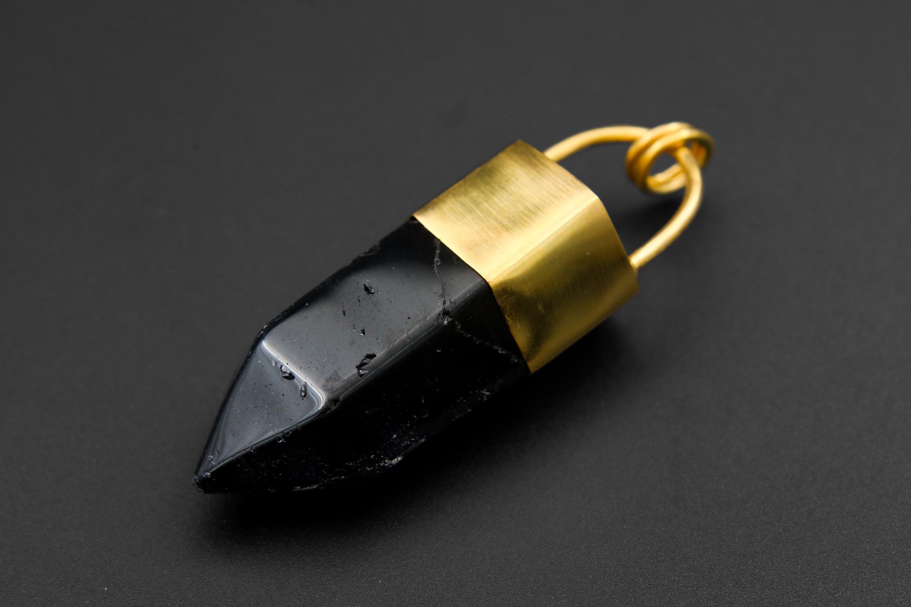 Large Smoky Quartz Point Pendant, High-Grade Dark Crystal with Thick Bronze Cap, 18K Gold-Plated, 7cm Statement Piece, Unique Gift NO/07