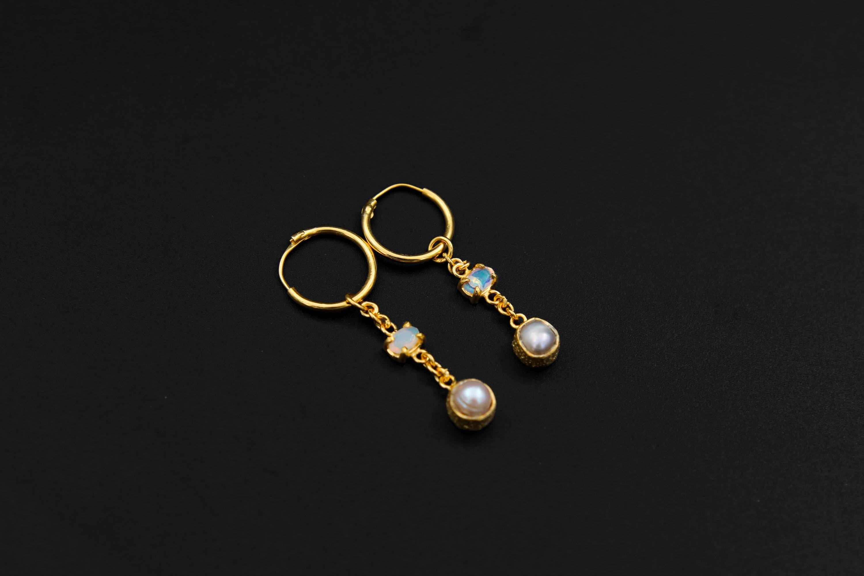 Hoop Earrings Claw-Set Faceted Ethiopian Opal & Pearl, Textured Bezel, Sterling Silver, Joy and Creativity, 18K Gold-Plated, Unique Gift