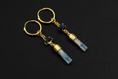 Sapphire Aquamarine hoop earrings shown as a pair with gold-plated sterling silver and blue gemstone dangles.