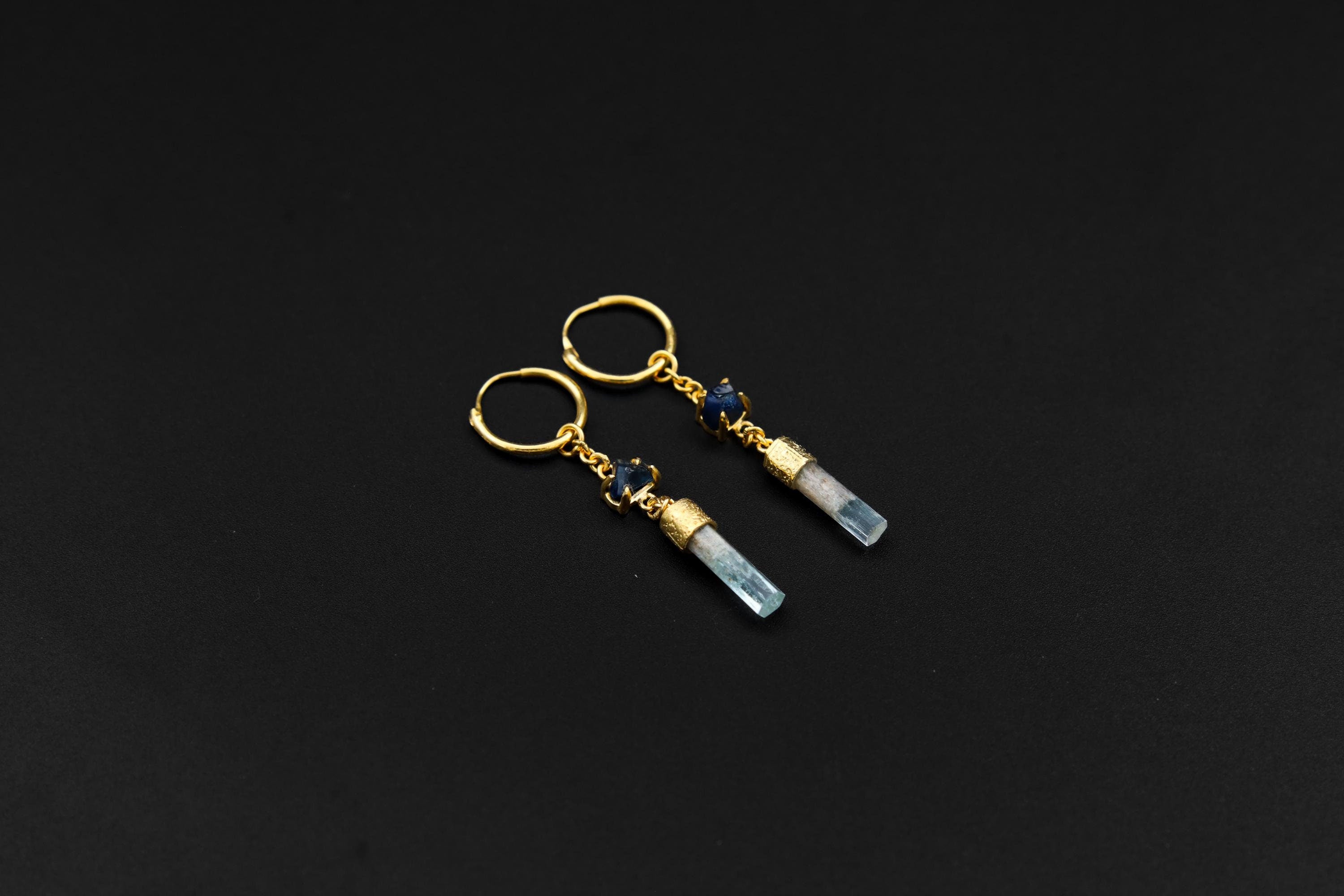 Hoop Earrings with Claw-Set Australian River Fossicked Sapphire & Aquamarine, Sterling Silver, Organic Texture, 18K Gold-Plated, Unique Gift