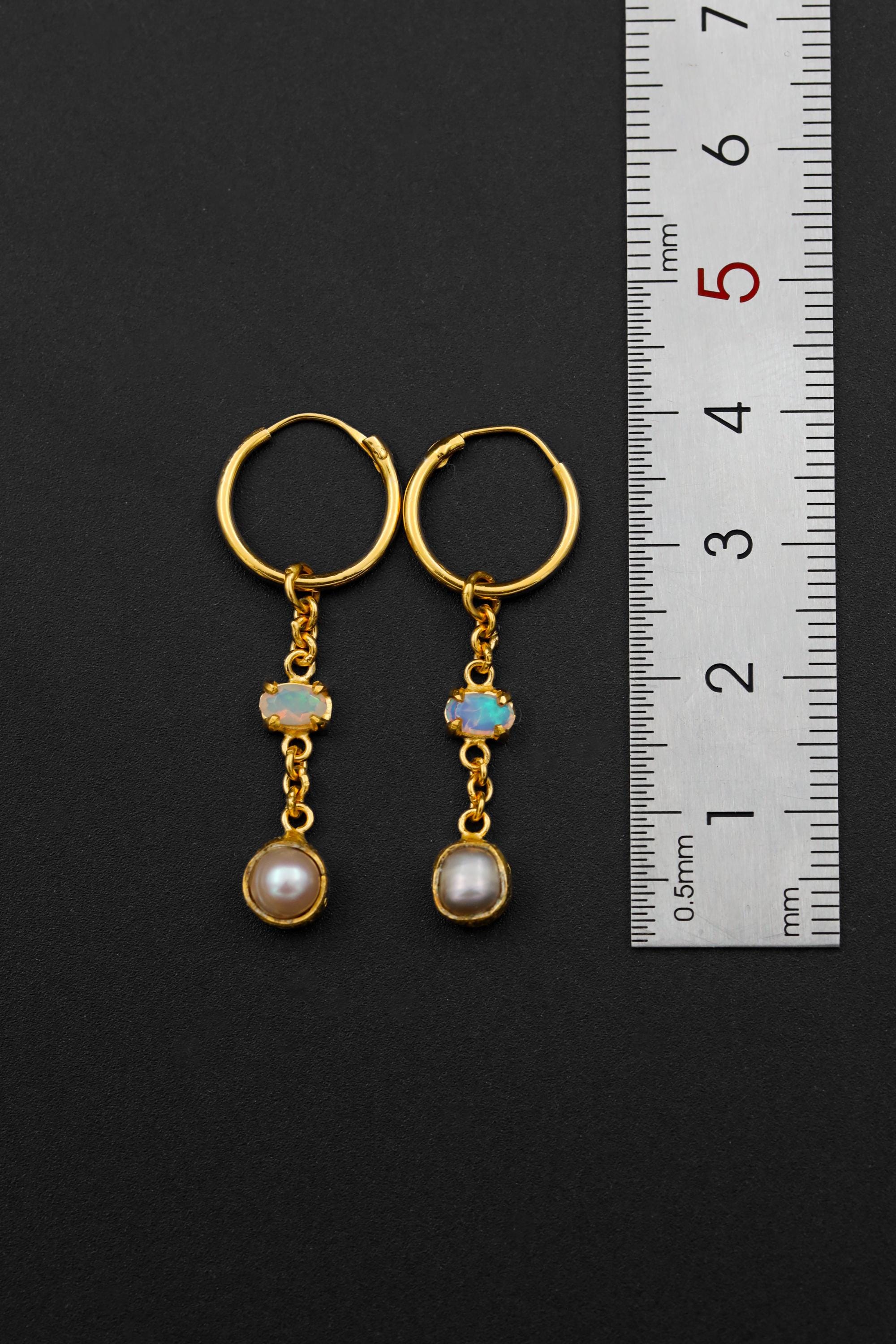 Hoop Earrings Claw-Set Faceted Ethiopian Opal & Pearl, Textured Bezel, Sterling Silver, Joy and Creativity, 18K Gold-Plated, Unique Gift