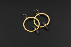 Fossicked Australian Smoky Quartz Point Earrings, Circle Portal Setting, Oxidised & Textured Sterling Silver, Gold-Plated Hook Dangles