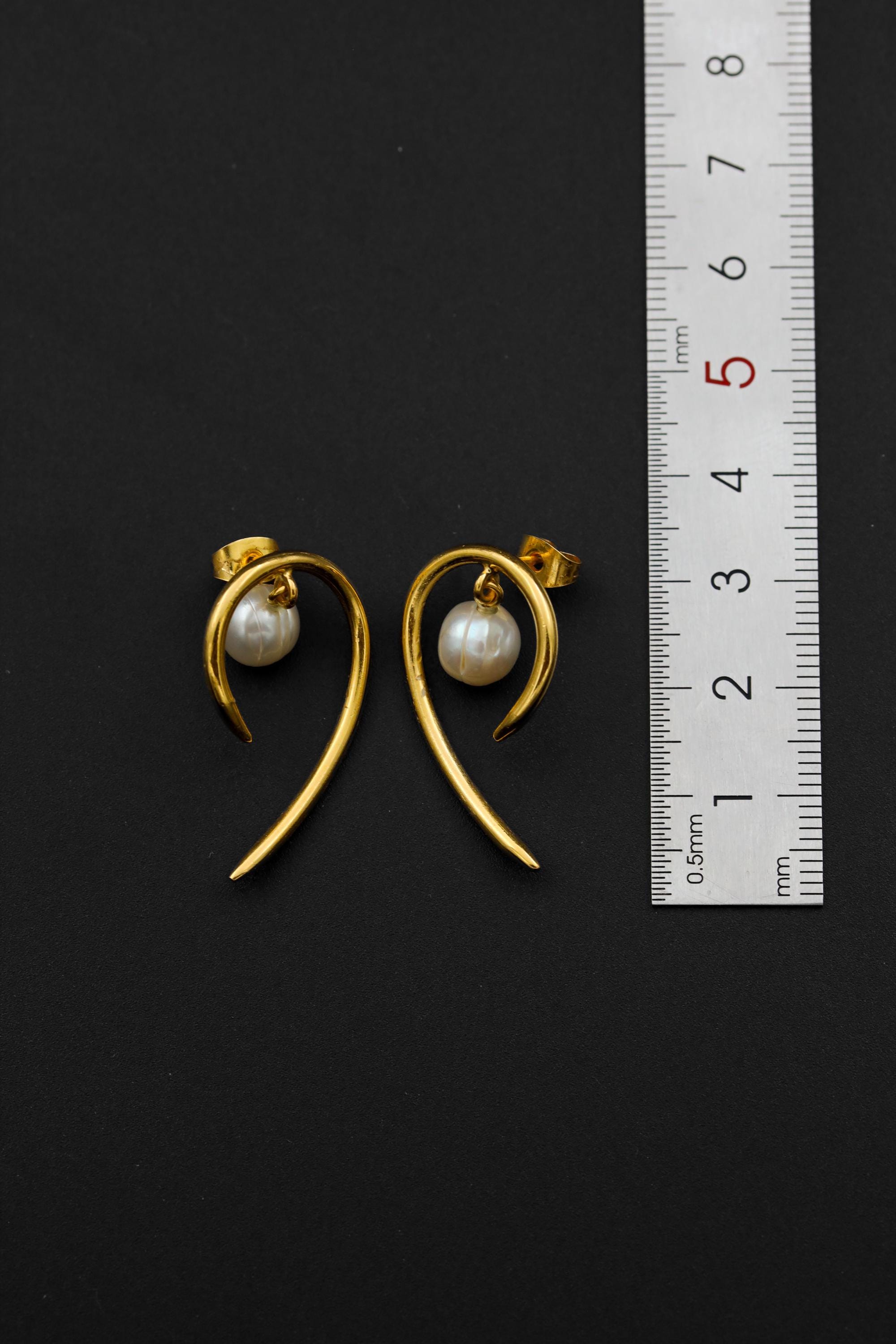 Pair of Heritage Pearl Curled Horn Studs, 925 Sterling Silver, Gold-Plated, Heart Chakra, Unique Gift