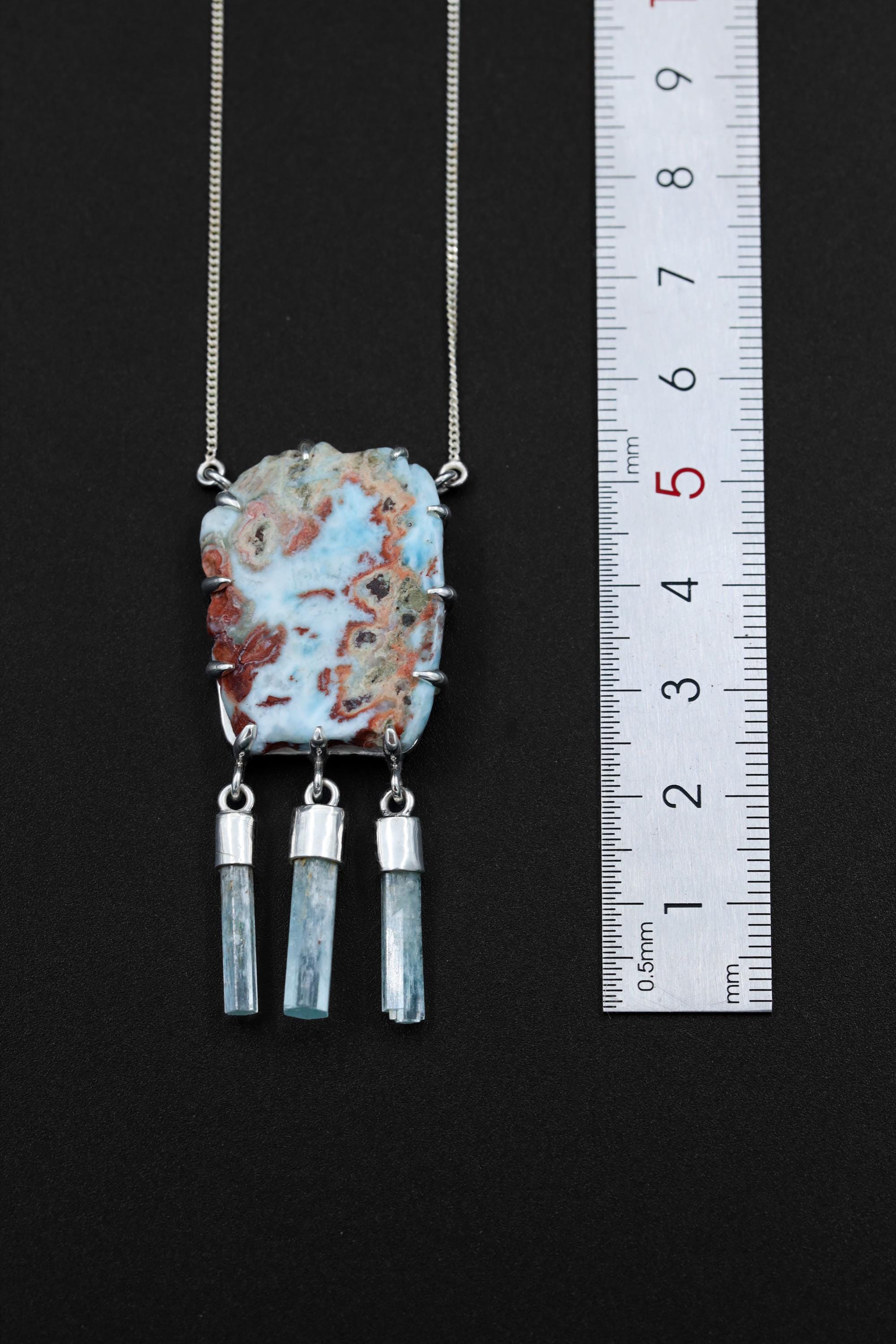 Raw Larimar and Aquamarine Sticks Necklace, Sterling Silver Pendant, Wealth & Abundance Neck Piece, Throat Chakra, Pisces Zodiac