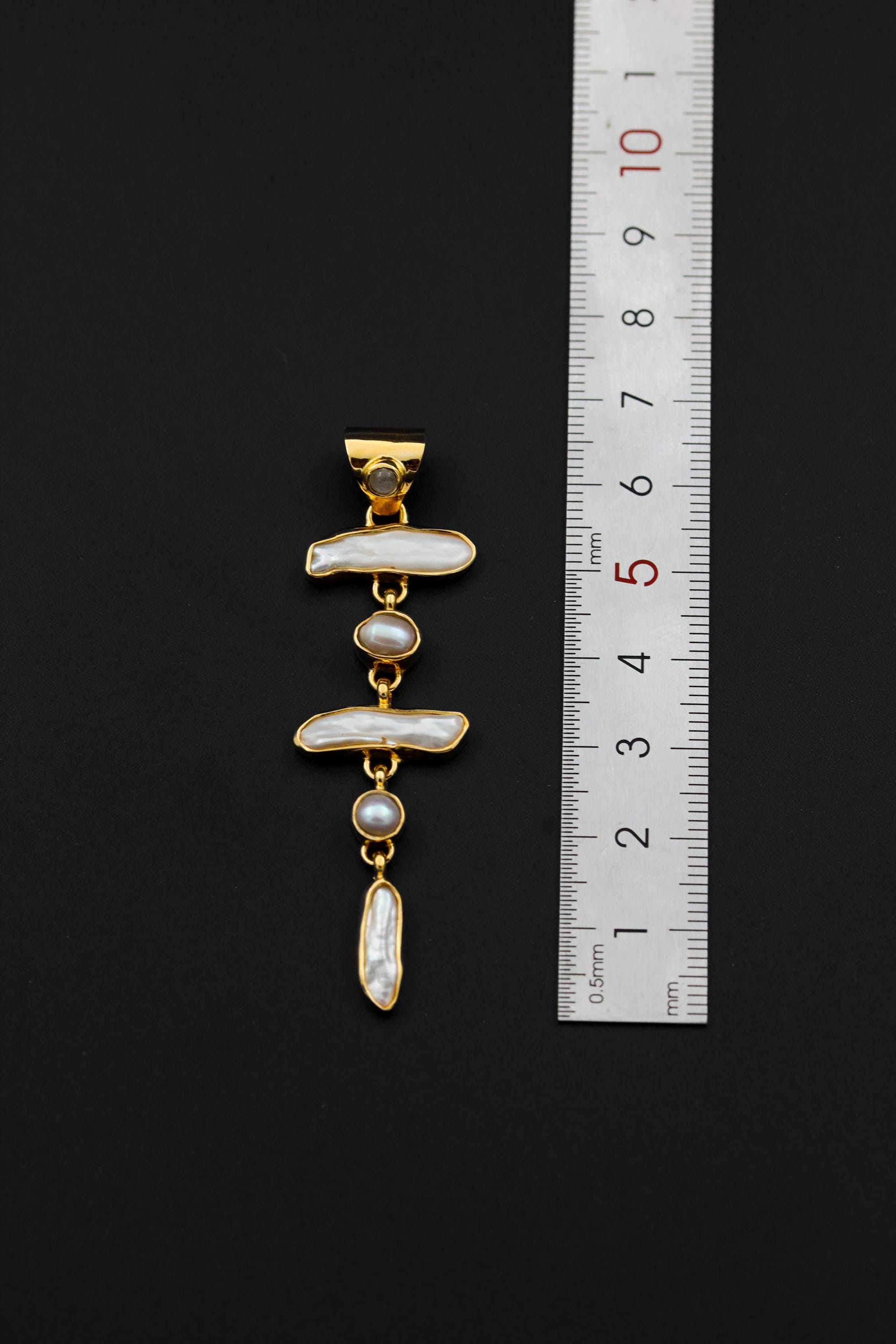 Blue Moonstone and Baroque Pearl Cascade Pendant, 18K Gold-Plated Sterling Silver, Crown & Heart Chakra, Cancer Zodiac, Unique Gift