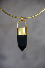 Large Smoky Quartz Point Pendant, High-Grade Dark Crystal with Thick Bronze Cap, 18K Gold-Plated, 7cm Statement Piece, Unique Gift NO/04