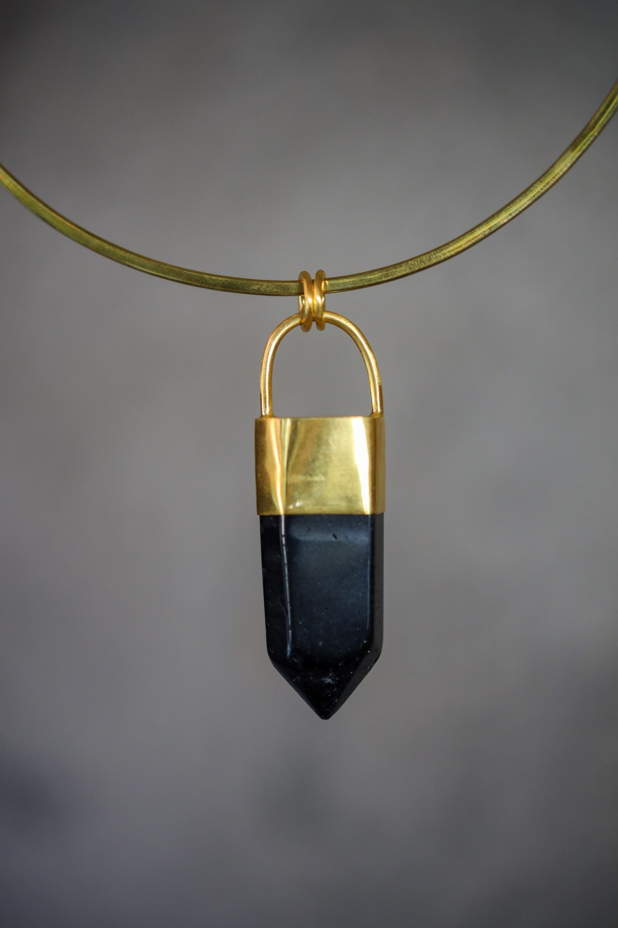 Smoky Quartz Point Pendant: 18K Gold Plated Bronze Cap, 7cm Crystal Statement Piece