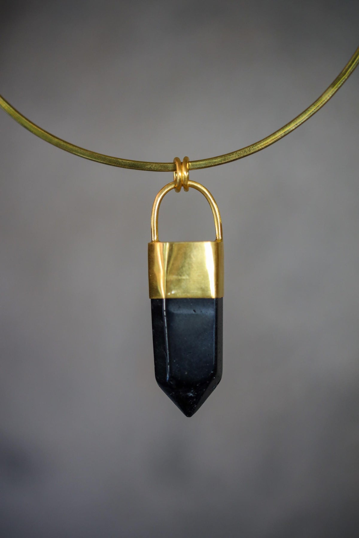 Smoky Quartz Point Pendant: 18K Gold Plated Bronze Cap, 7cm Crystal Statement Piece