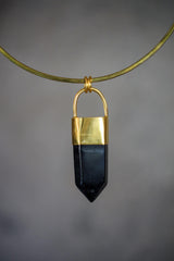 Smoky Quartz Point Pendant: 18K Gold Plated Bronze Cap, 7cm Crystal Statement Piece