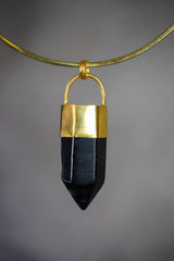 Large Smoky Quartz Point Pendant, High-Grade Dark Crystal with Thick Bronze Cap, 18K Gold-Plated, 7cm Statement Piece, Unique Gift NO/07
