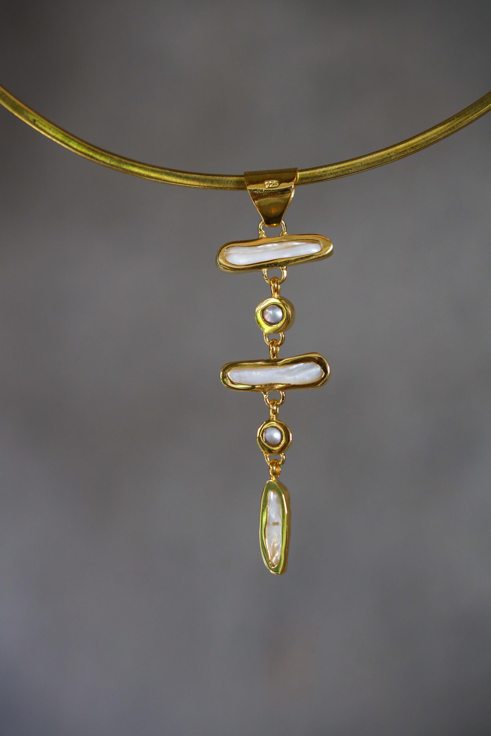 Blue Moonstone and Baroque Pearl Cascade Pendant, 18K Gold-Plated Sterling Silver, Crown & Heart Chakra, Cancer Zodiac, Unique Gift