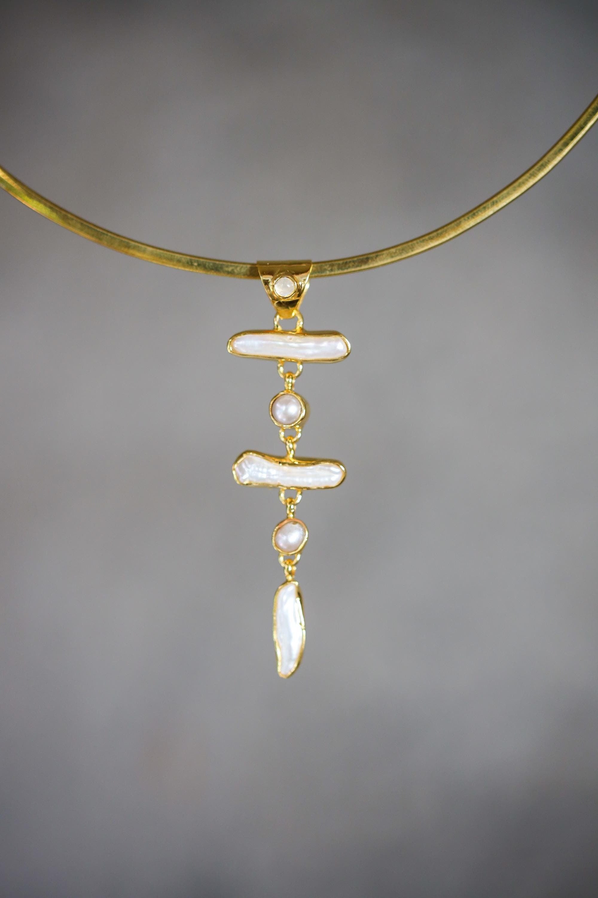 Blue Moonstone and Baroque Pearl Cascade Pendant, 18K Gold-Plated Sterling Silver, Crown & Heart Chakra, Cancer Zodiac, Unique Gift