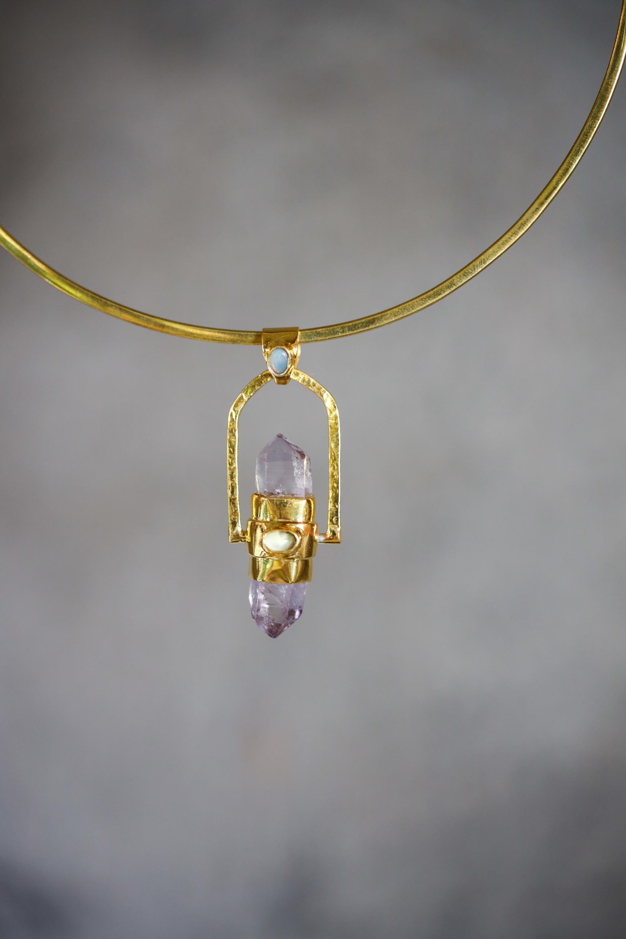 Spinning Vera Cruz Amethyst Dressed With Opal, Sterling Silver Pendant, Gold Plated, Crown & Heart Chakra, Libra Zodiac, Unique Gift