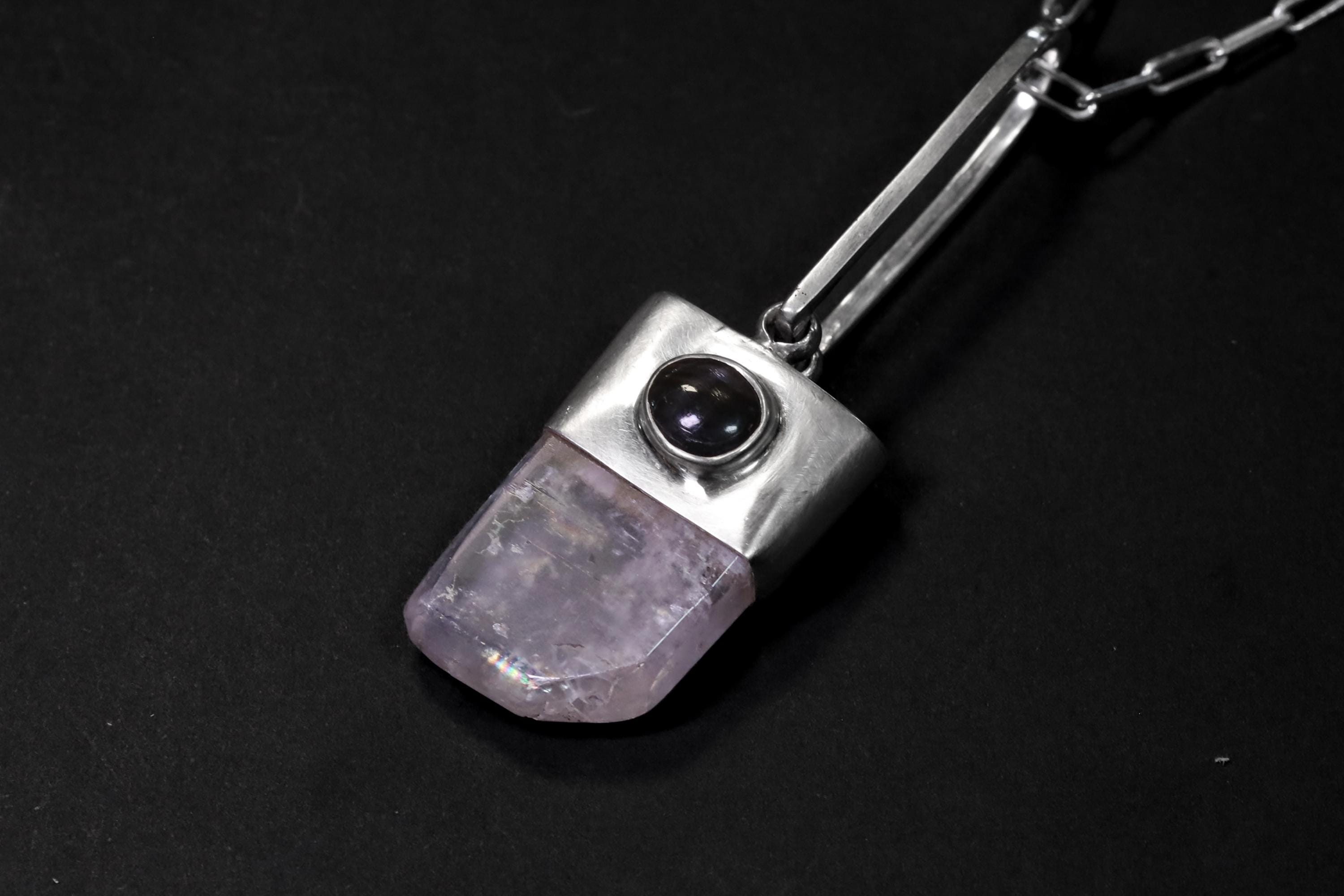 Polished Pink Kunzite Spodumene & Natural Star Dark Sapphire Cabochon, Sterling Silver Pendant, Heart, Third Eye Chakra, Emotional Healing