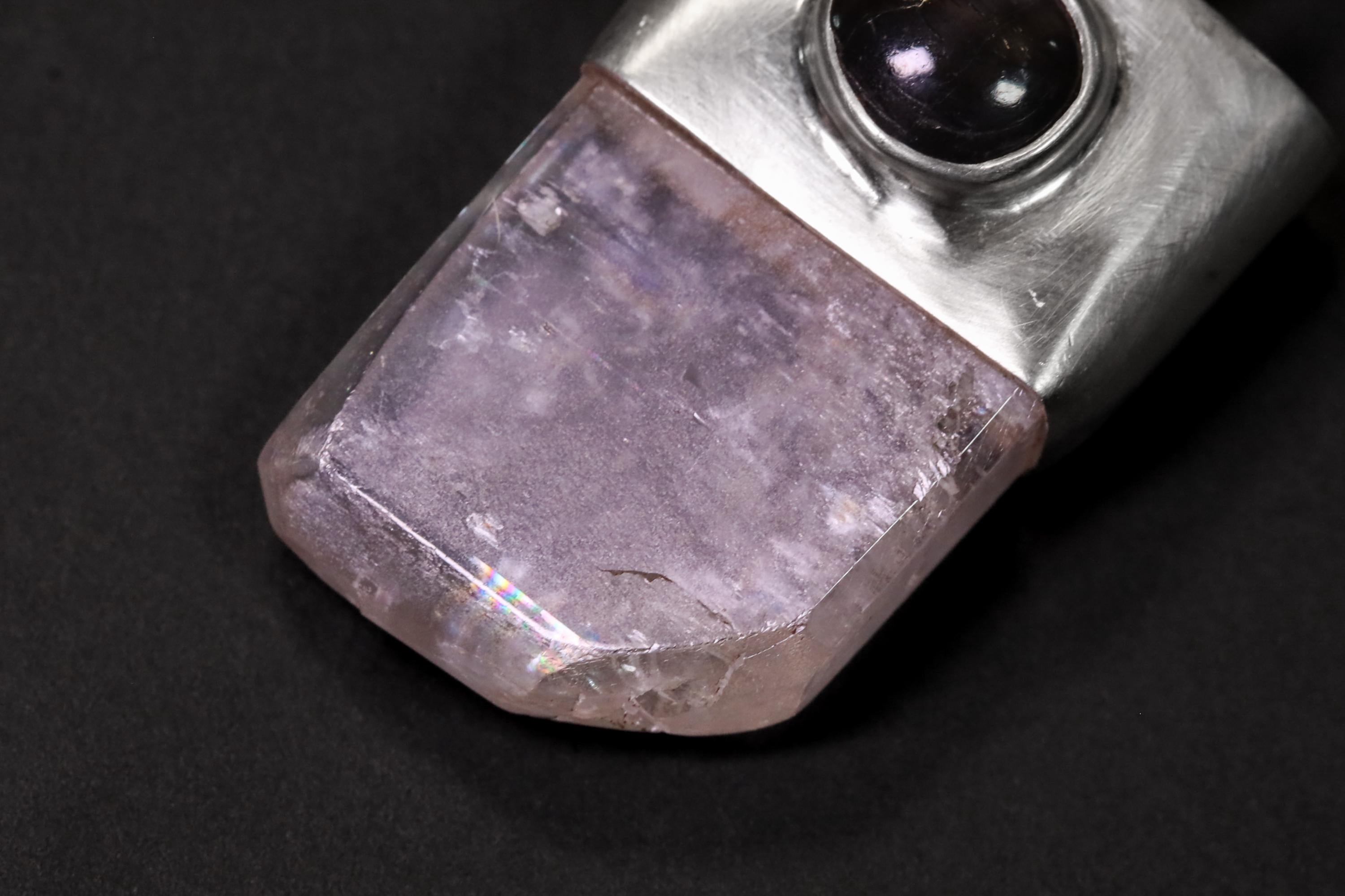 Polished Pink Kunzite Spodumene & Natural Star Dark Sapphire Cabochon, Sterling Silver Pendant, Heart, Third Eye Chakra, Emotional Healing