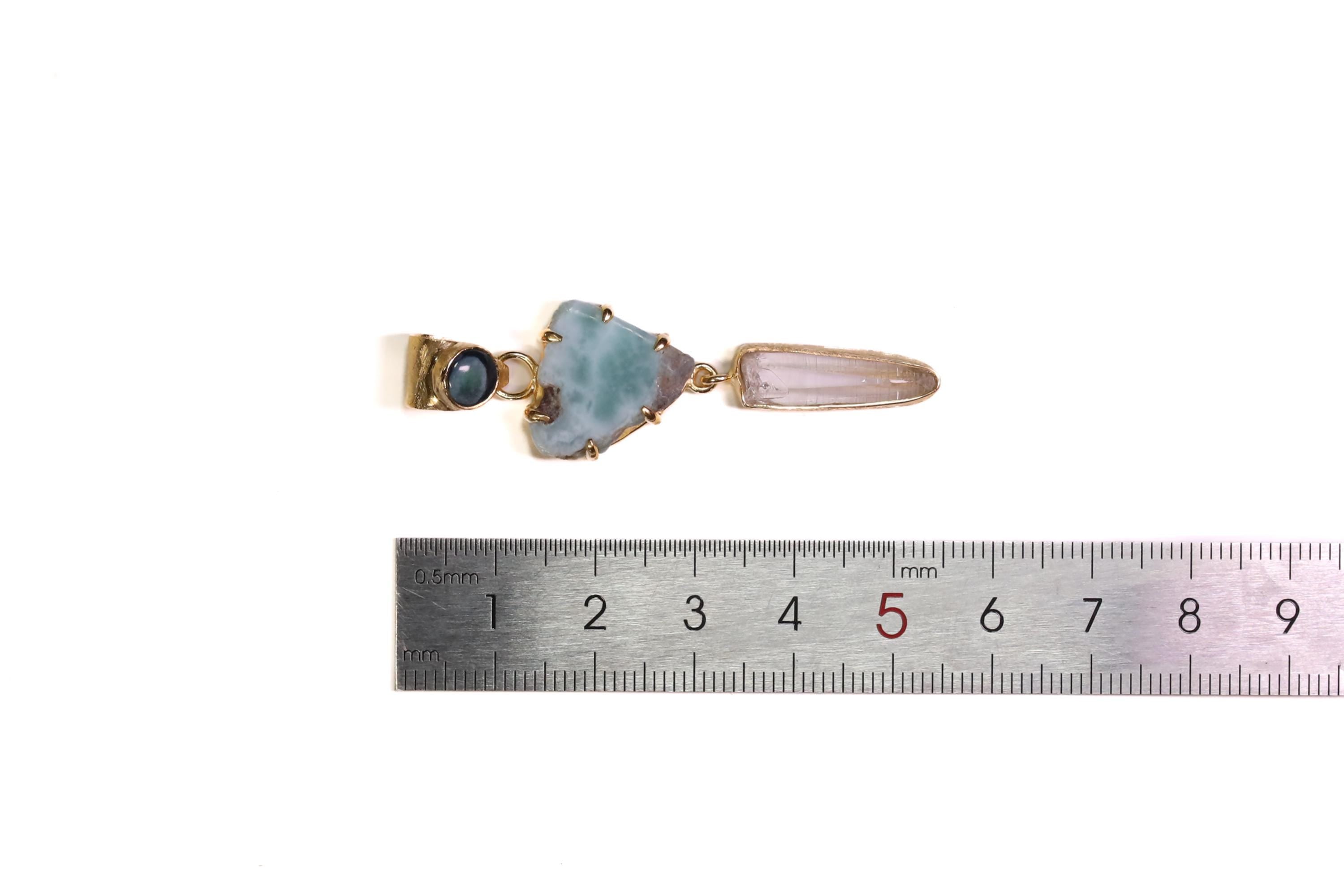 Larimar Slice Pendant with Lemurian Vera Cruz Amethyst, brushed 18K Gold-Plated Sterling Silver, Throat Chakra Charm, Unique Gift