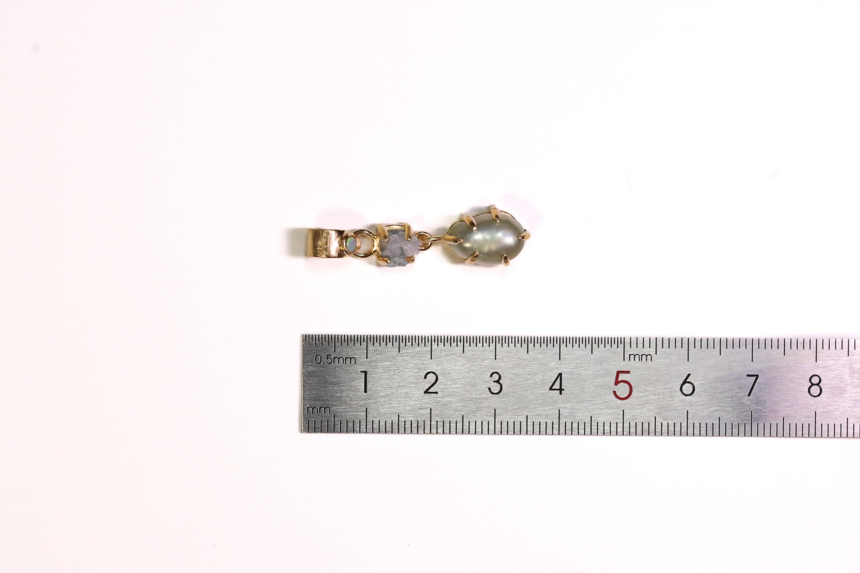 Small Solid Lightning Ridge Opal Pendant with Aqua Aura Quartz & Green Pearl, 18K Gold-Plated Sterling Silver, Pisces Zodiac, Unique Gift