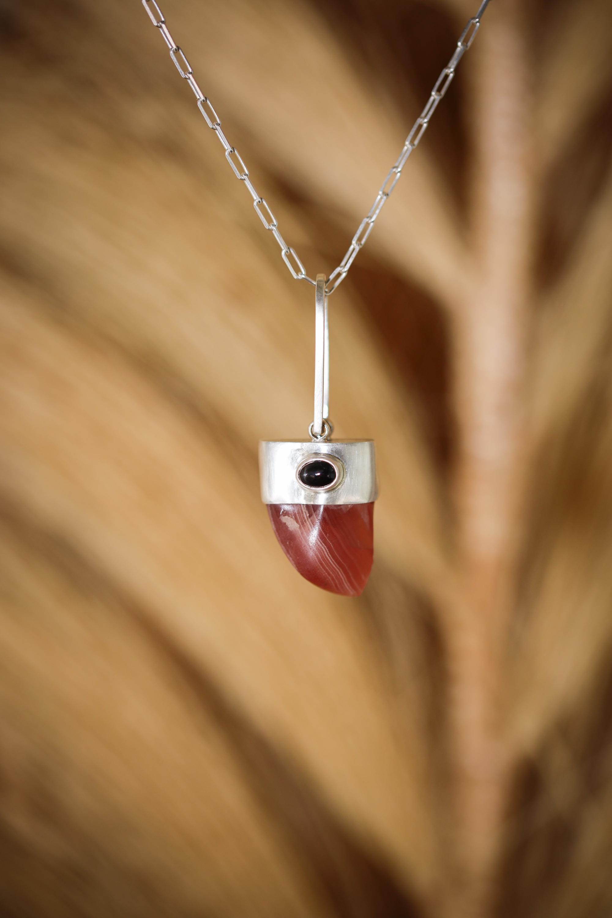 Tooth-shaped gemmy Hand-Polished Rhodochrosite Pendant with Fancy Oval Dark Star Sapphire Cabochon, Heart & Third Eye Chakra, Unique Gift