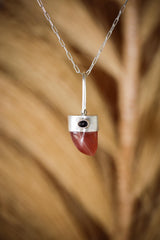 Tooth-shaped gemmy Hand-Polished Rhodochrosite Pendant with Fancy Oval Dark Star Sapphire Cabochon, Heart & Third Eye Chakra, Unique Gift