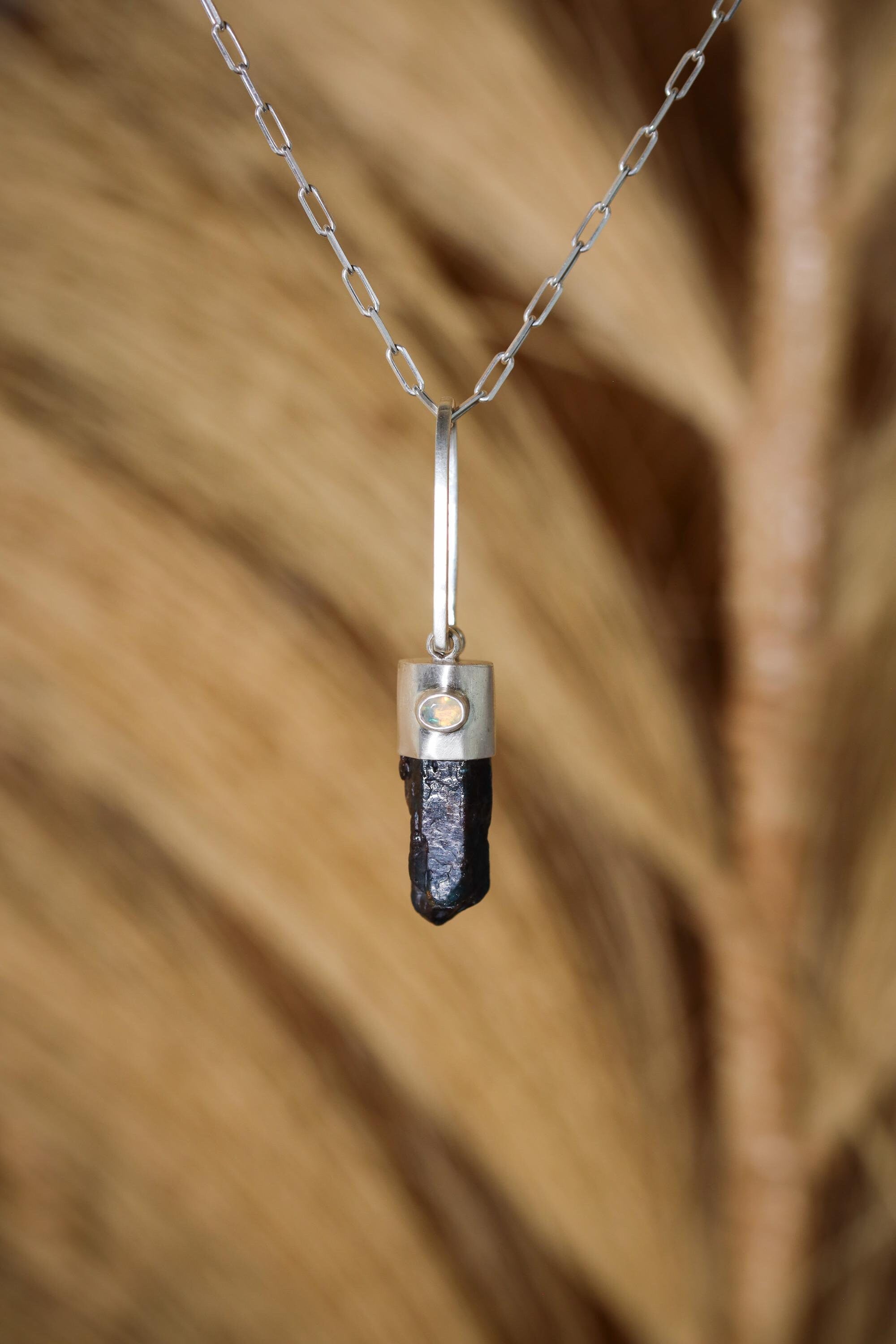 Terminated Blue Apatite Generator Point Pendant with Small Faceted Ethiopian Opal Oval Gem, Sterling Silver, Third Eye Chakra,Unique Gift