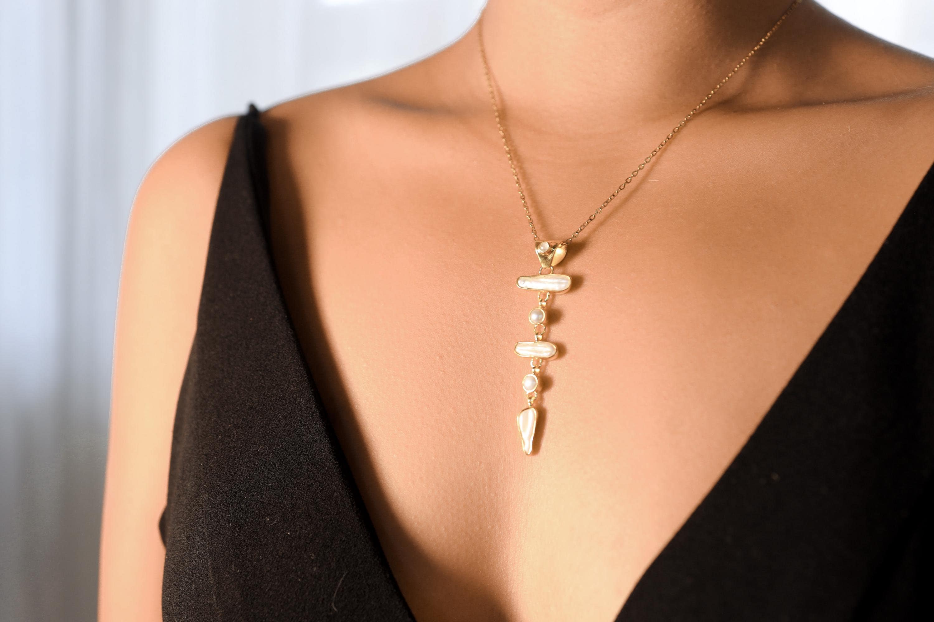 Blue Moonstone and Baroque Pearl Cascade Pendant, 18K Gold-Plated Sterling Silver, Crown & Heart Chakra, Cancer Zodiac, Unique Gift