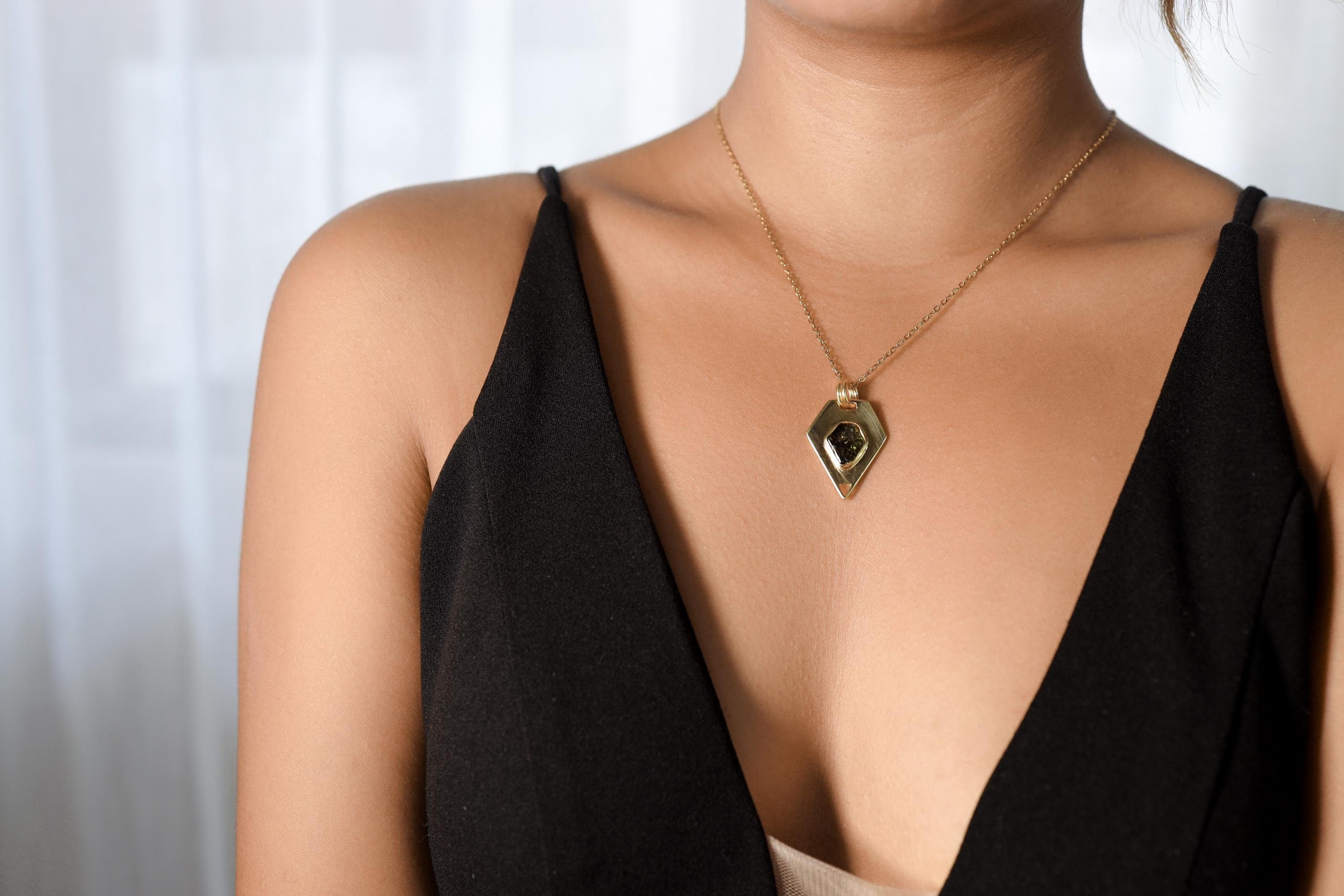Pentagonal Green Tourmaline Slice Pendant, 18K Gold-Plated Sterling Silver, Heart Chakra Jewelry, Libra & Virgo Zodiac, Unique Gift