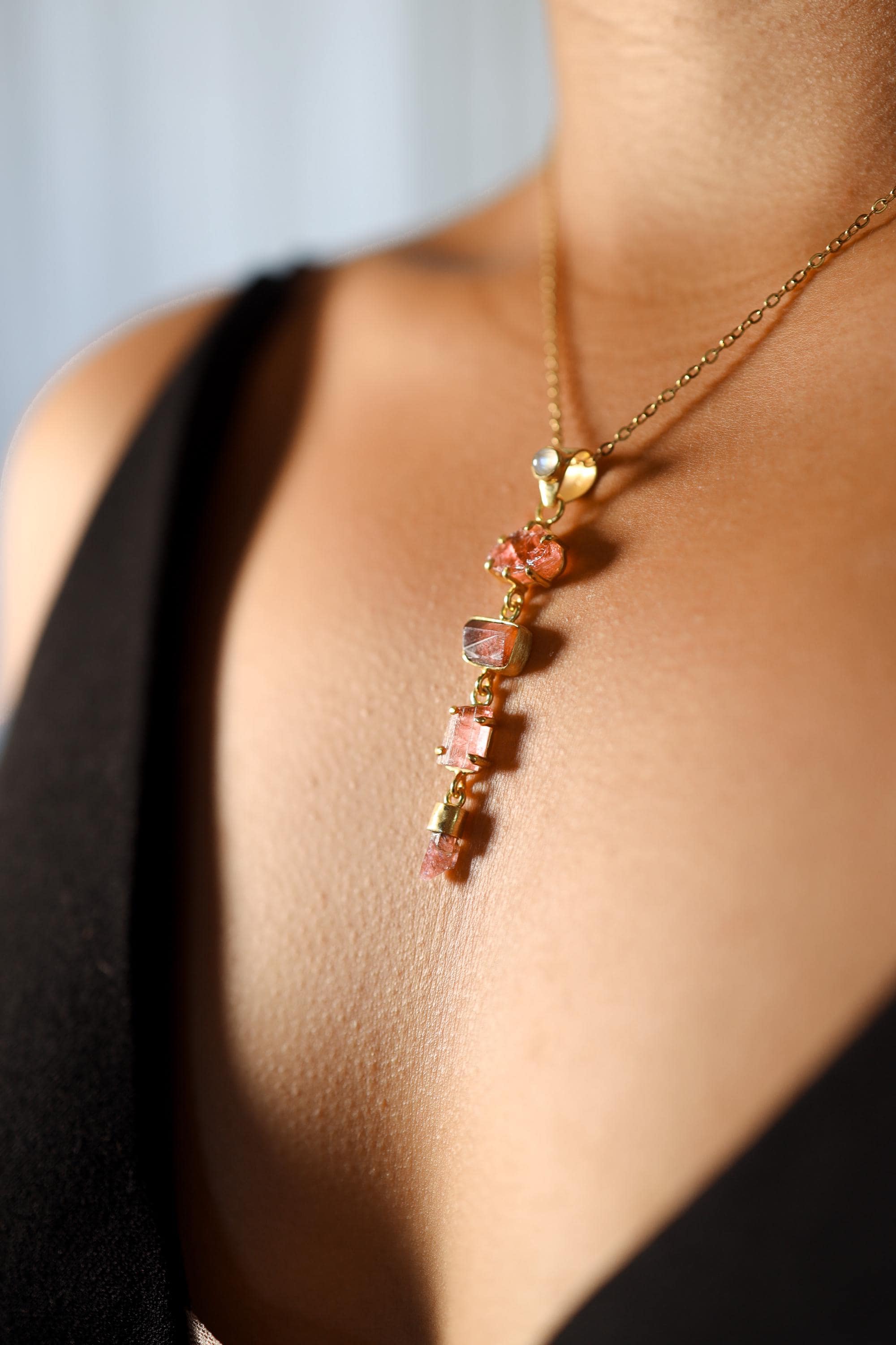 Crowned Blue Moonstone & All-Pink Tourmaline Wonder Pendant, 18K Gold-Plated Sterling Silver, Libra and Cancer Zodiac, Unique Gift